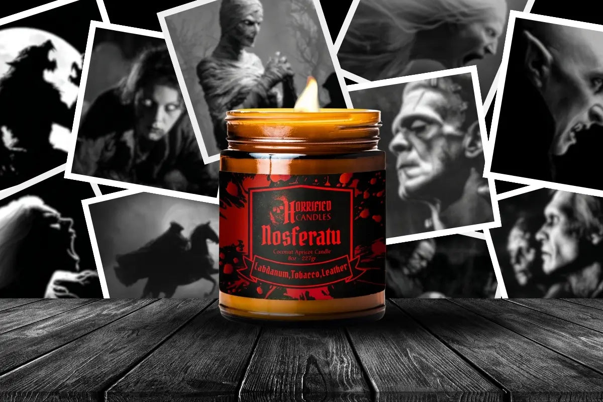 Horrified Candles Nosferatu candle on wooden table