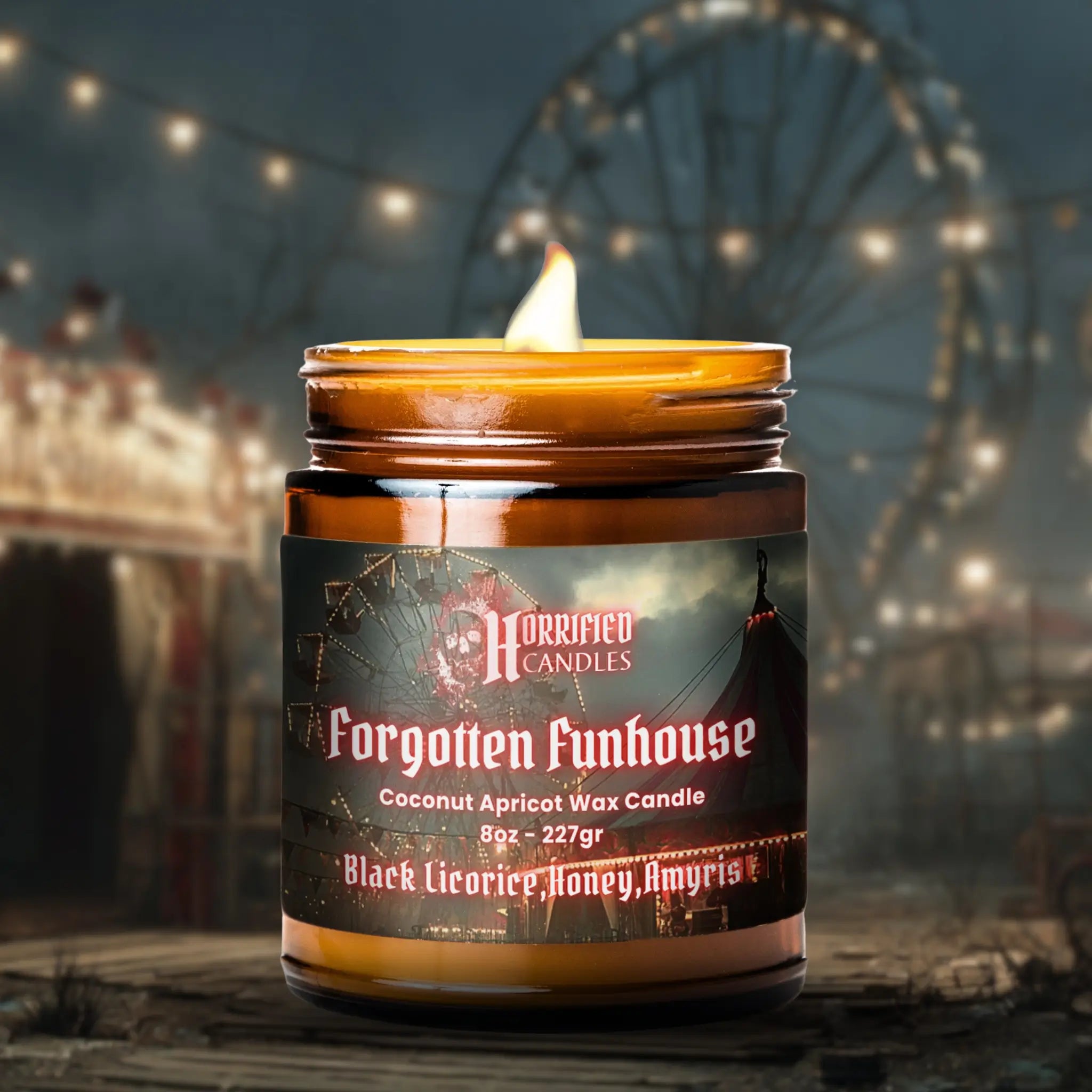 Candle jar labeled 'Forgotten Funhouse' with a dark background and lights.