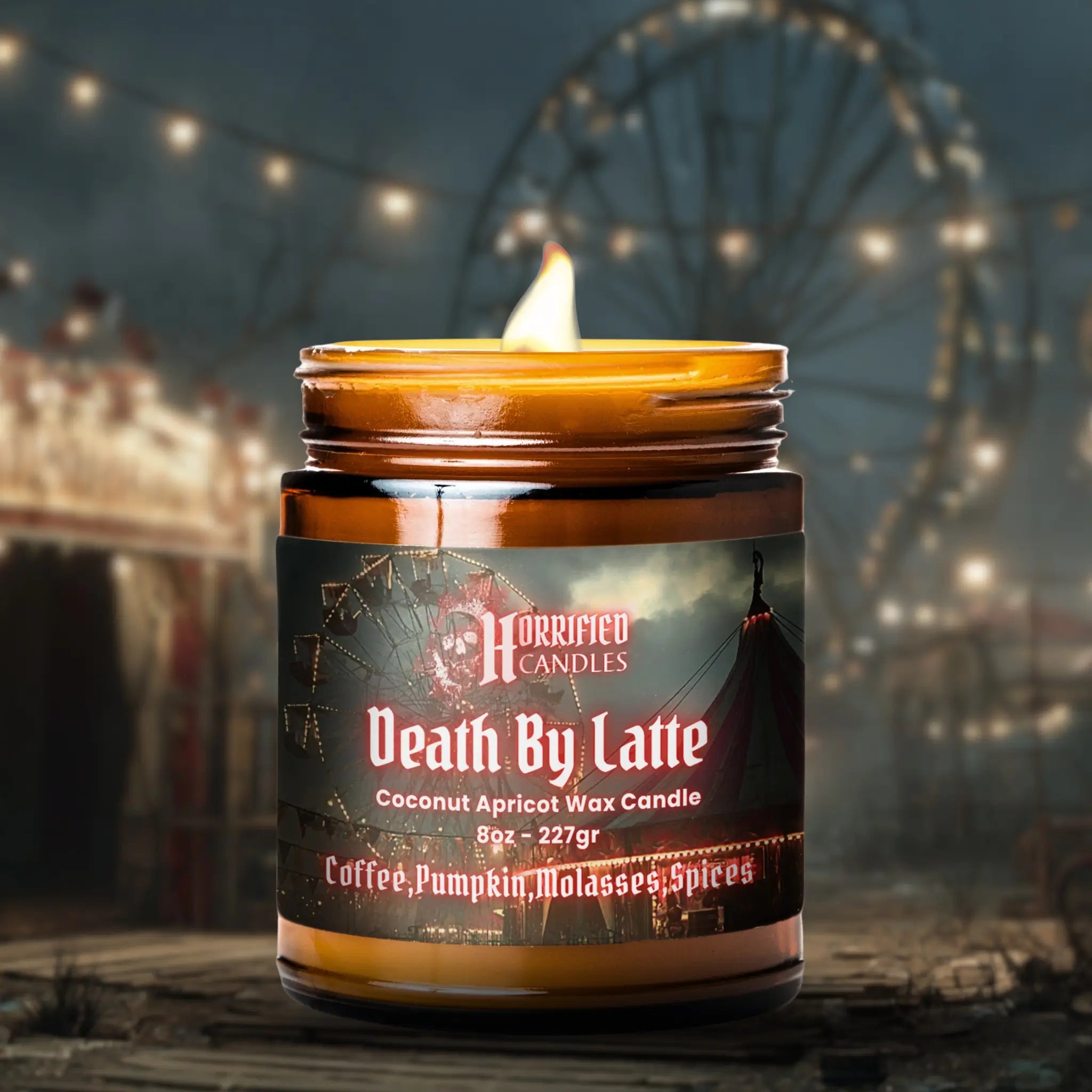 Candle labeled 'Death By Latte' with a dark background and decorative elements.