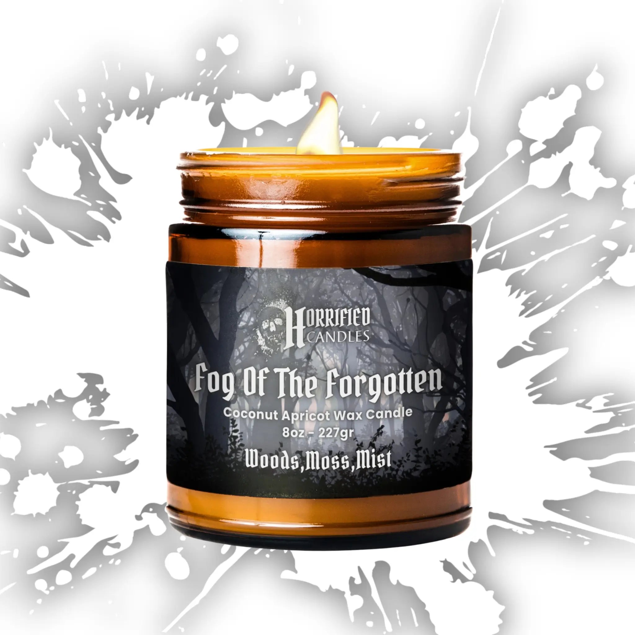 Candle in a glass jar with a black label on a white background