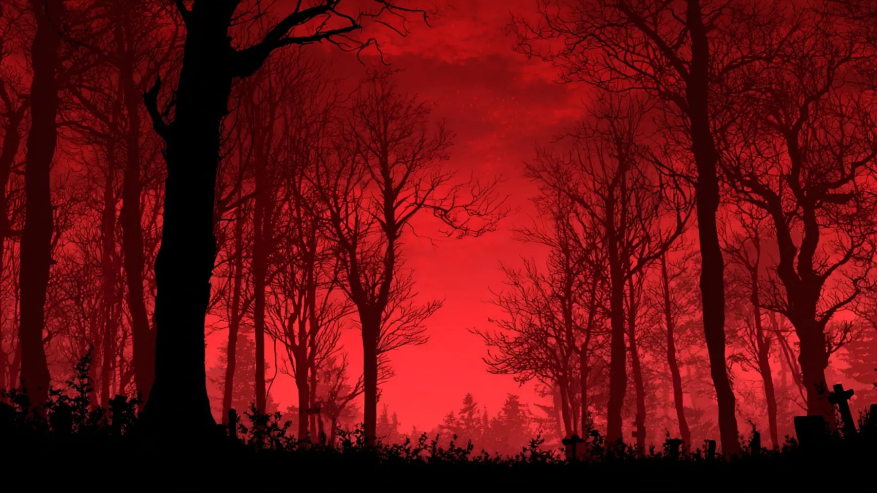 Silhouettes of trees against a red sky with a cemetery in the foreground.