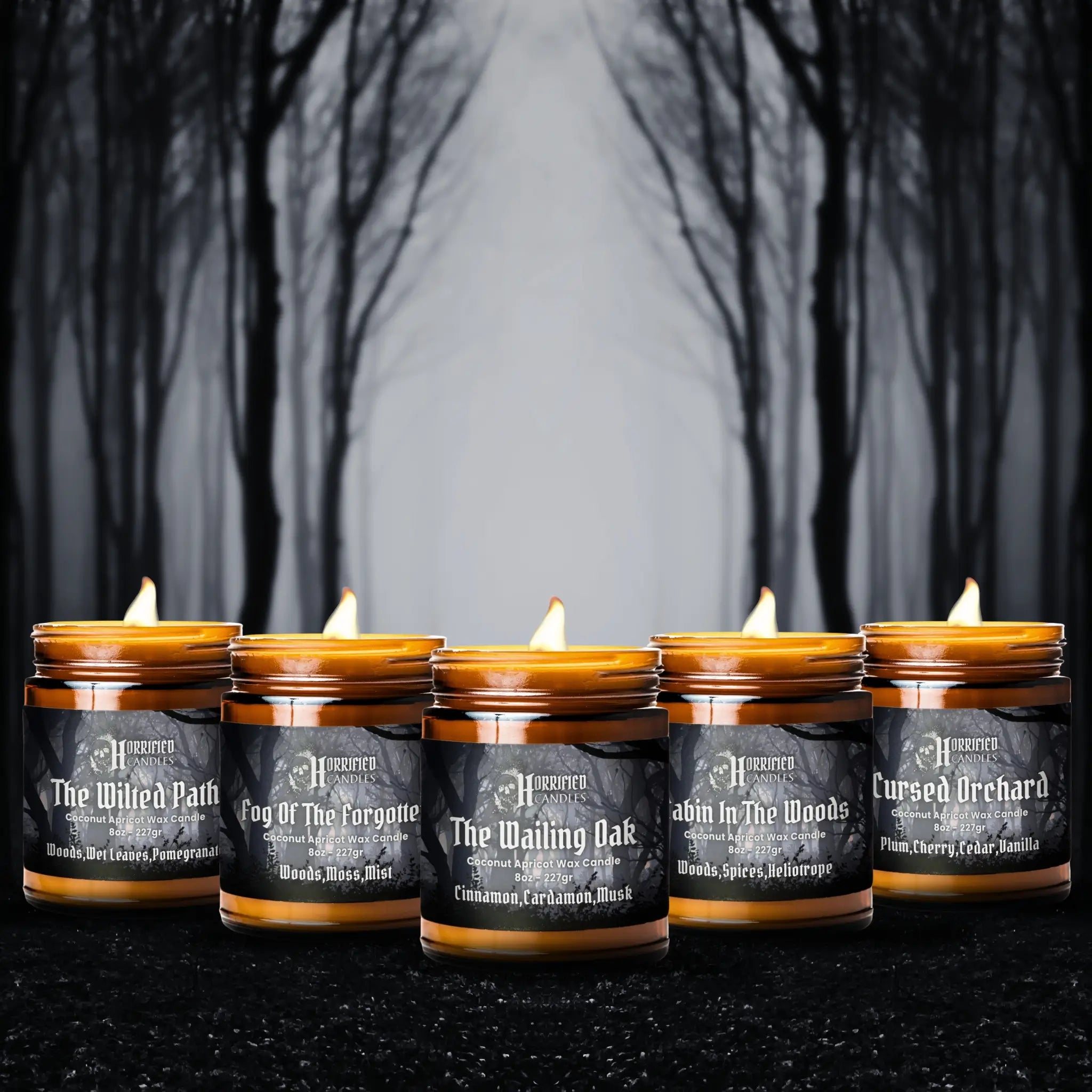 Set of candles with labels in a dark forest setting