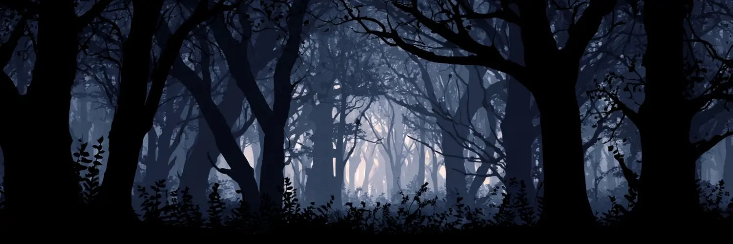 Mysterious forest scene with dark trees and a glowing light in the distance