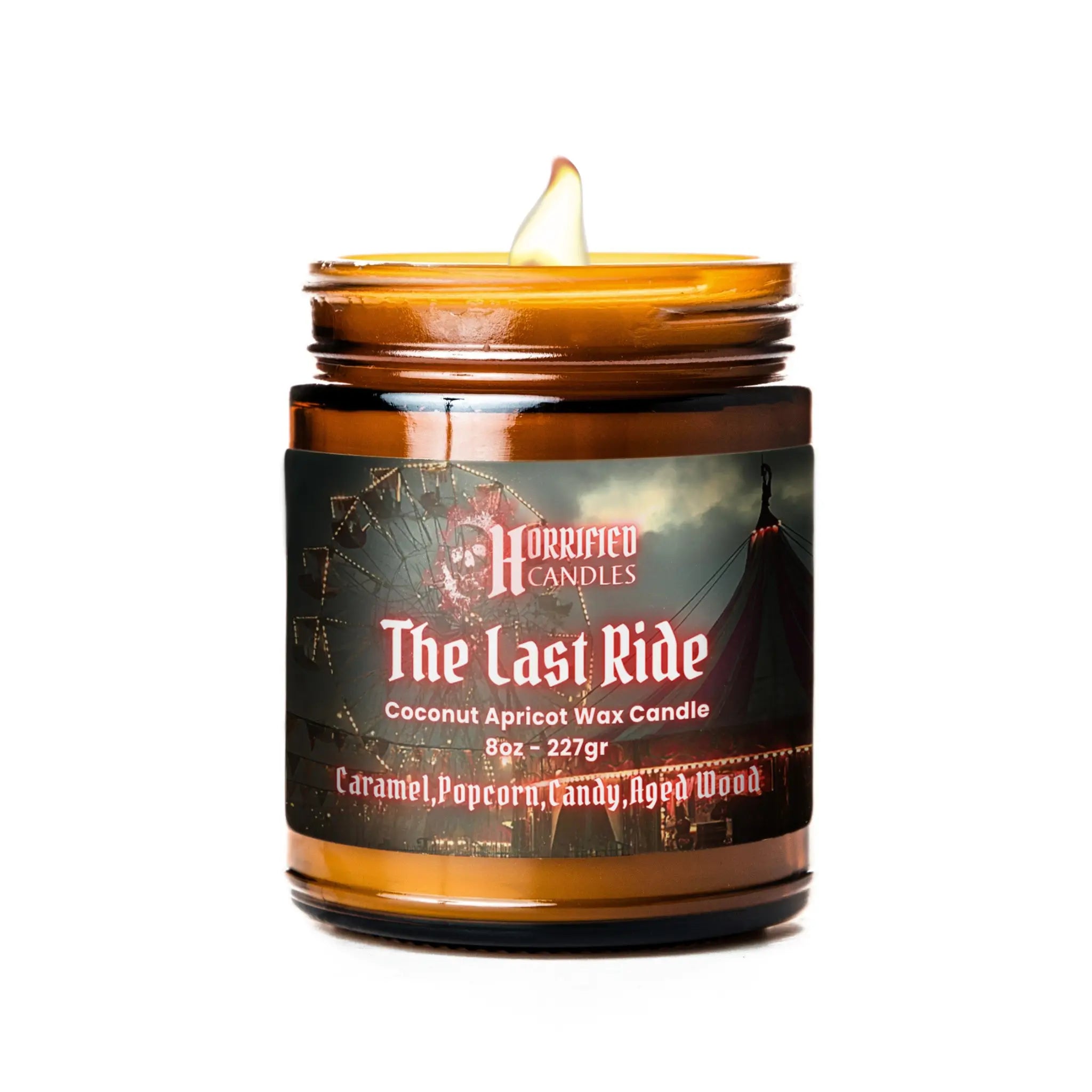 Candle in a glass jar with a label on a white background