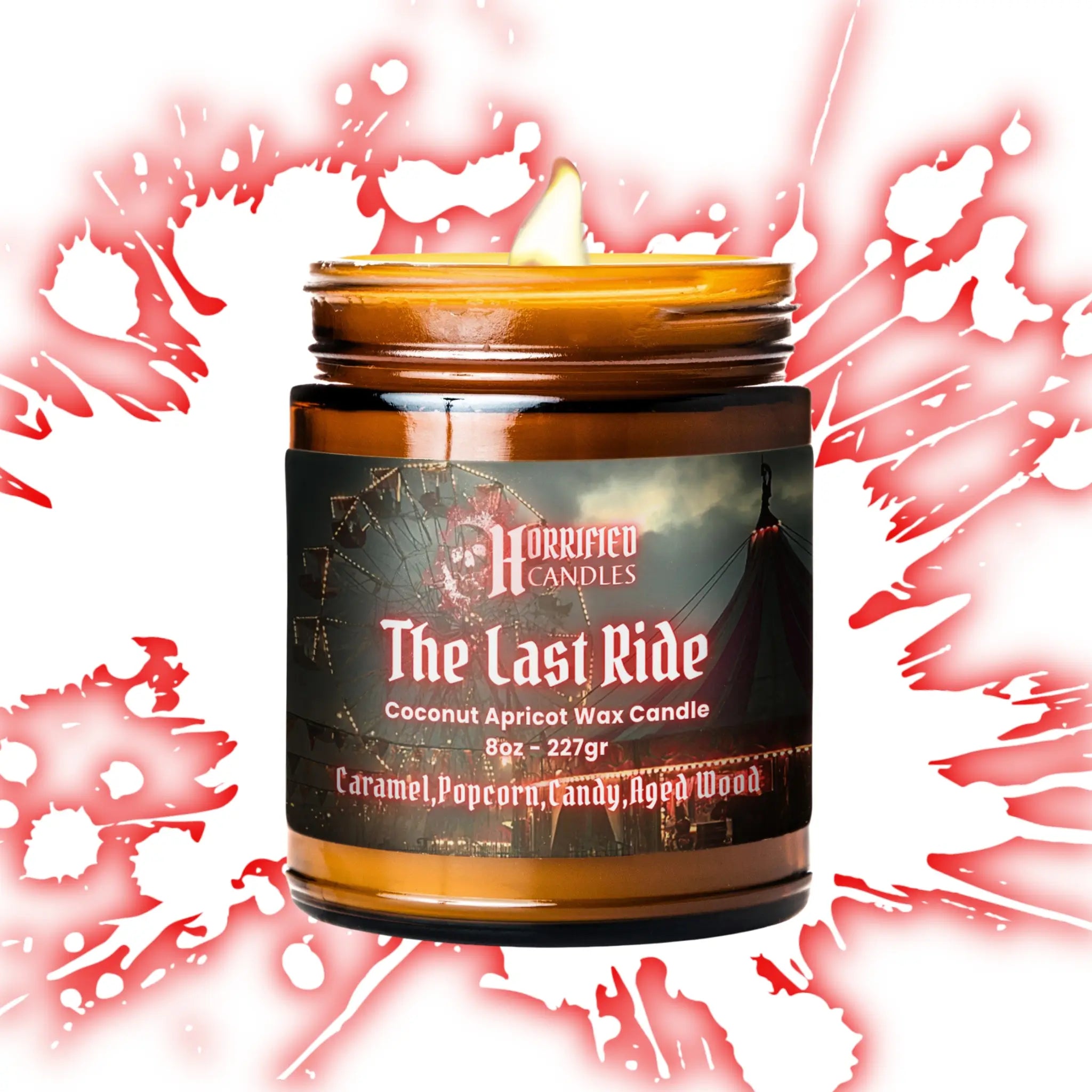Candle in a jar with a label on a red and white abstract background