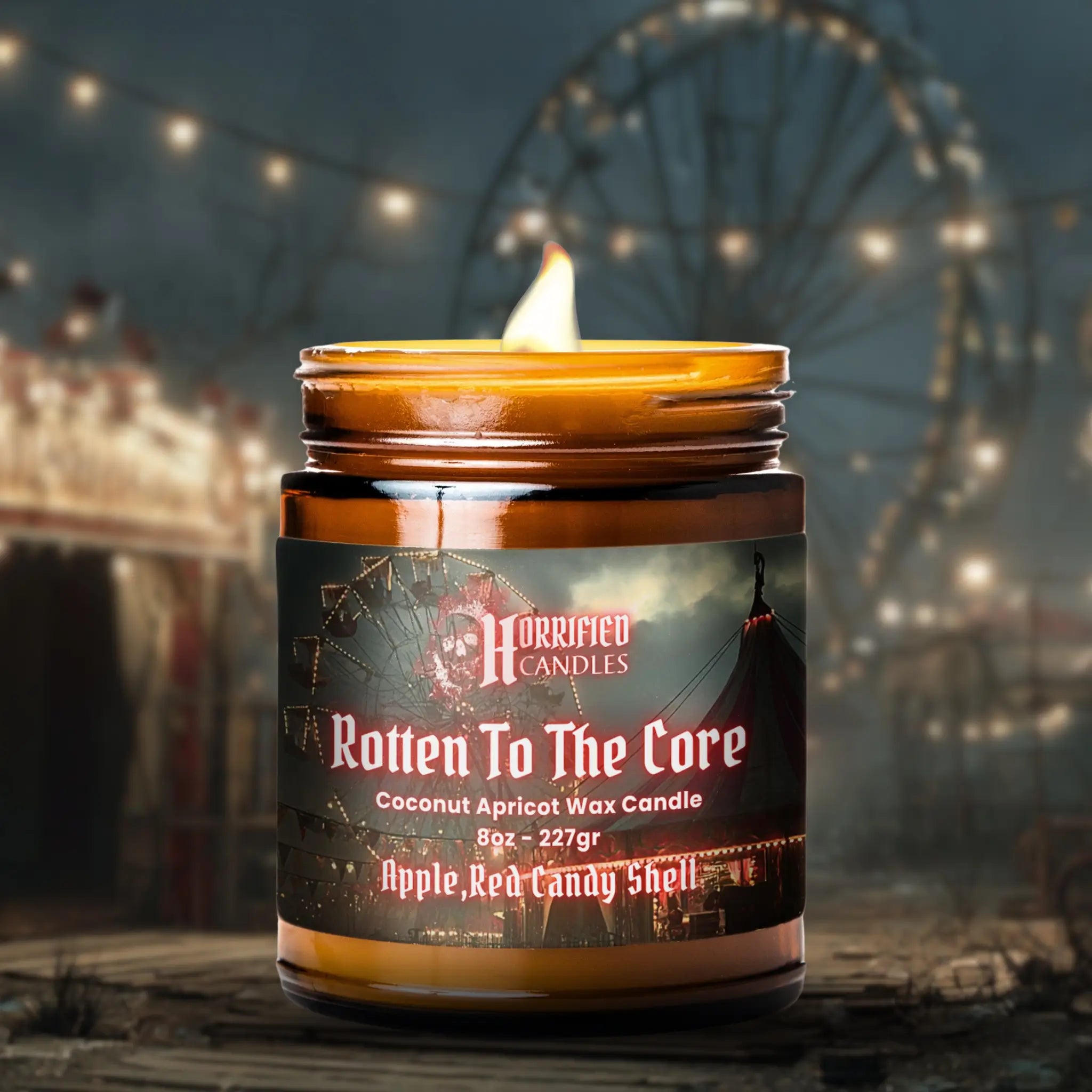 Candle labeled 'Rotten To The Core' with a dark, eerie background