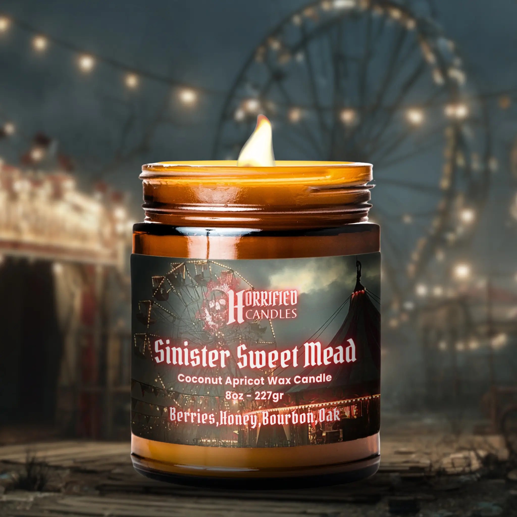 Candle labeled 'Sinister Sweet Mead' with a dark, eerie background
