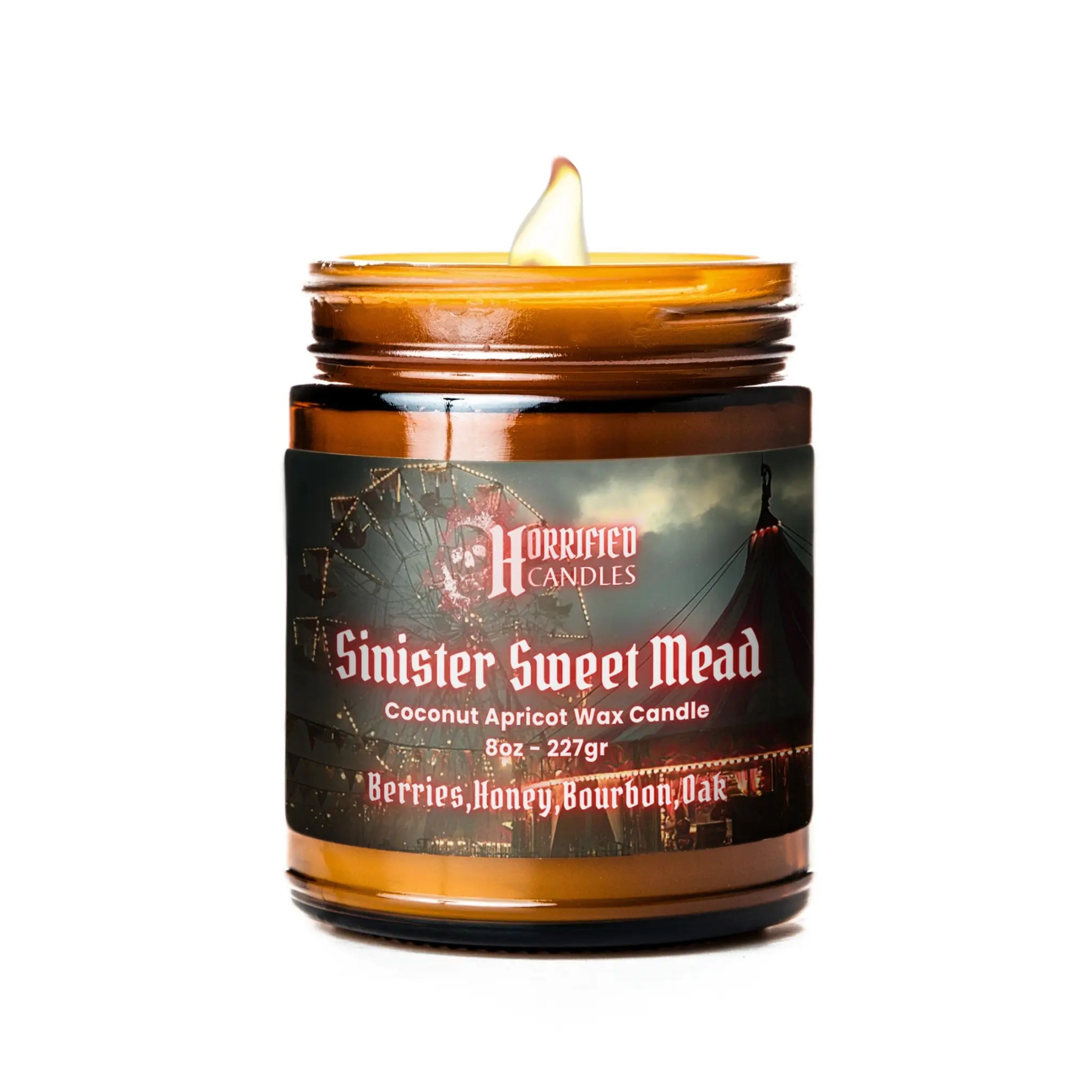 Candle in a glass jar with a label on a white background