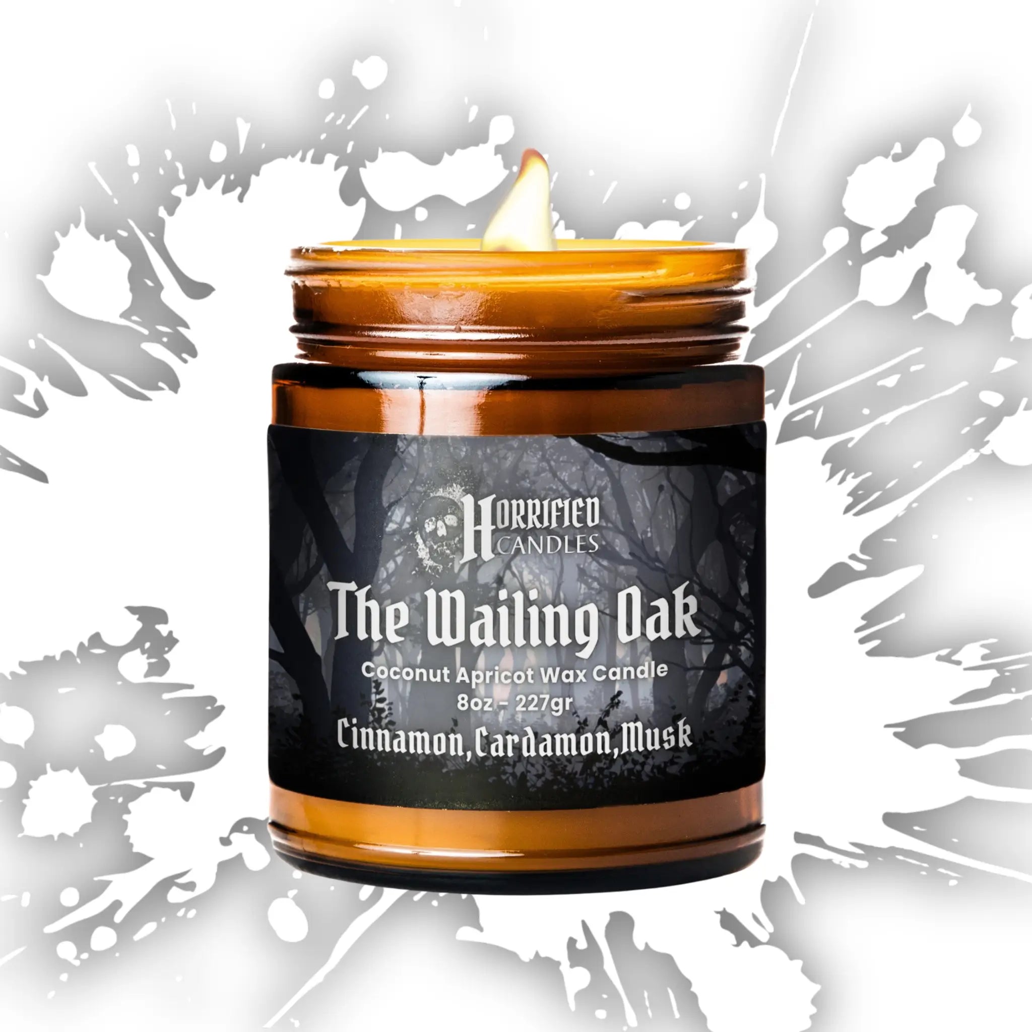 Candle in a jar labeled 'The Wailing Oak' with a decorative background