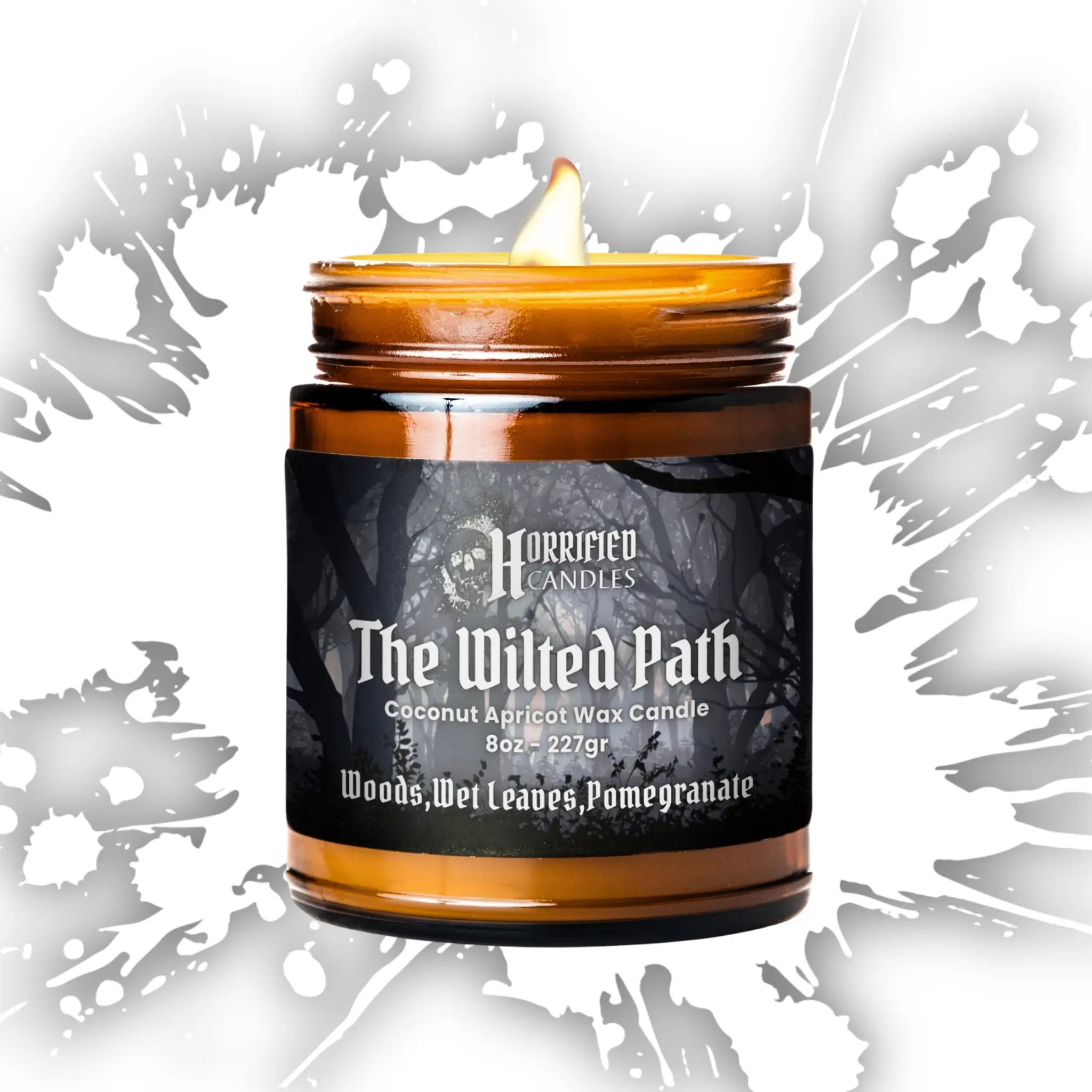 Candle in a jar labeled 'The Wilted Path' with a dark background