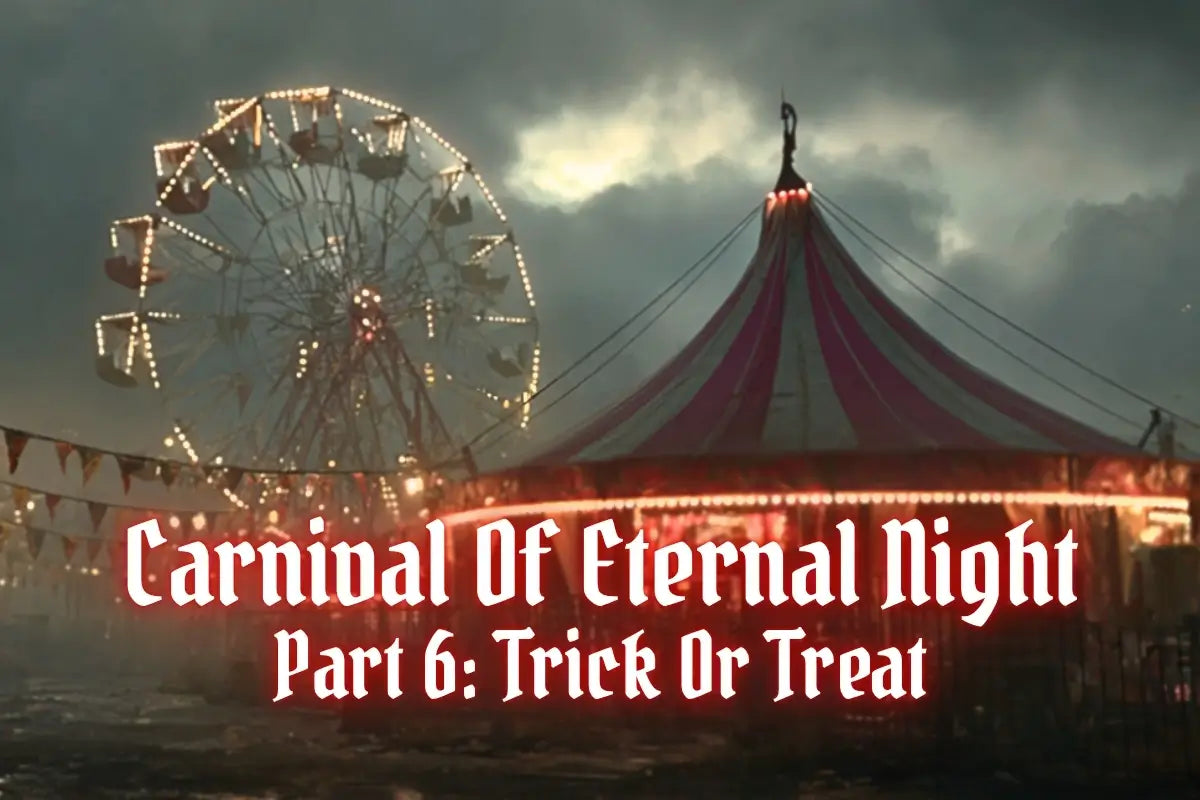 eerie carnival with glowing words over it
