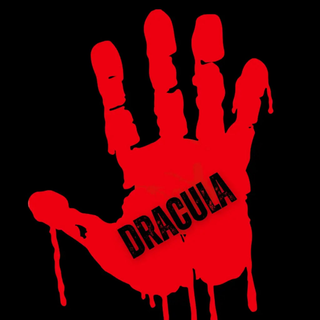 Red hand print with Dracula written on it