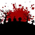 Silhouettes of people with a red splatter effect on a black background