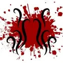 Red splatter design with a stylized heart and abstract shapes on a white background