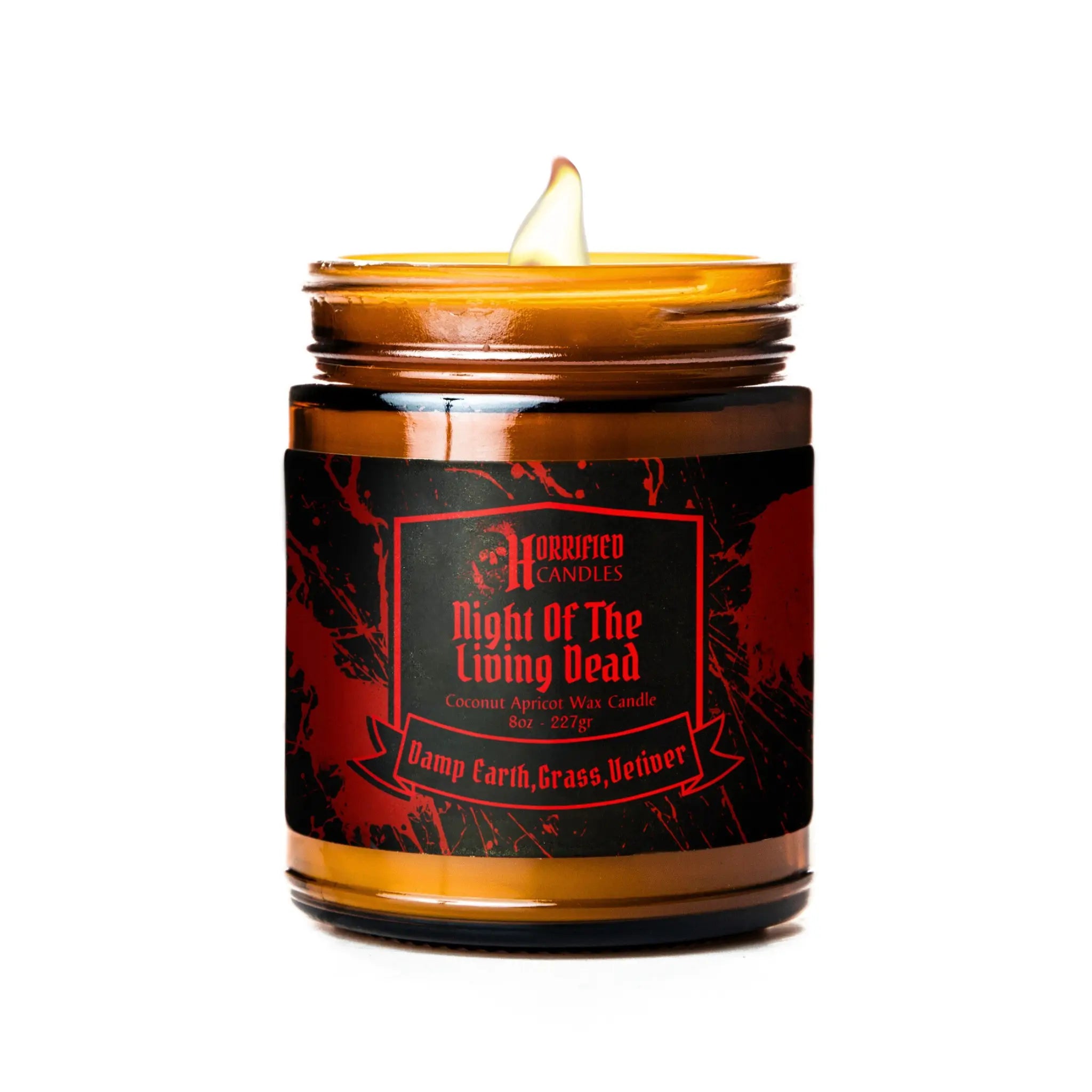 Candle in a glass jar with a black label on a white background