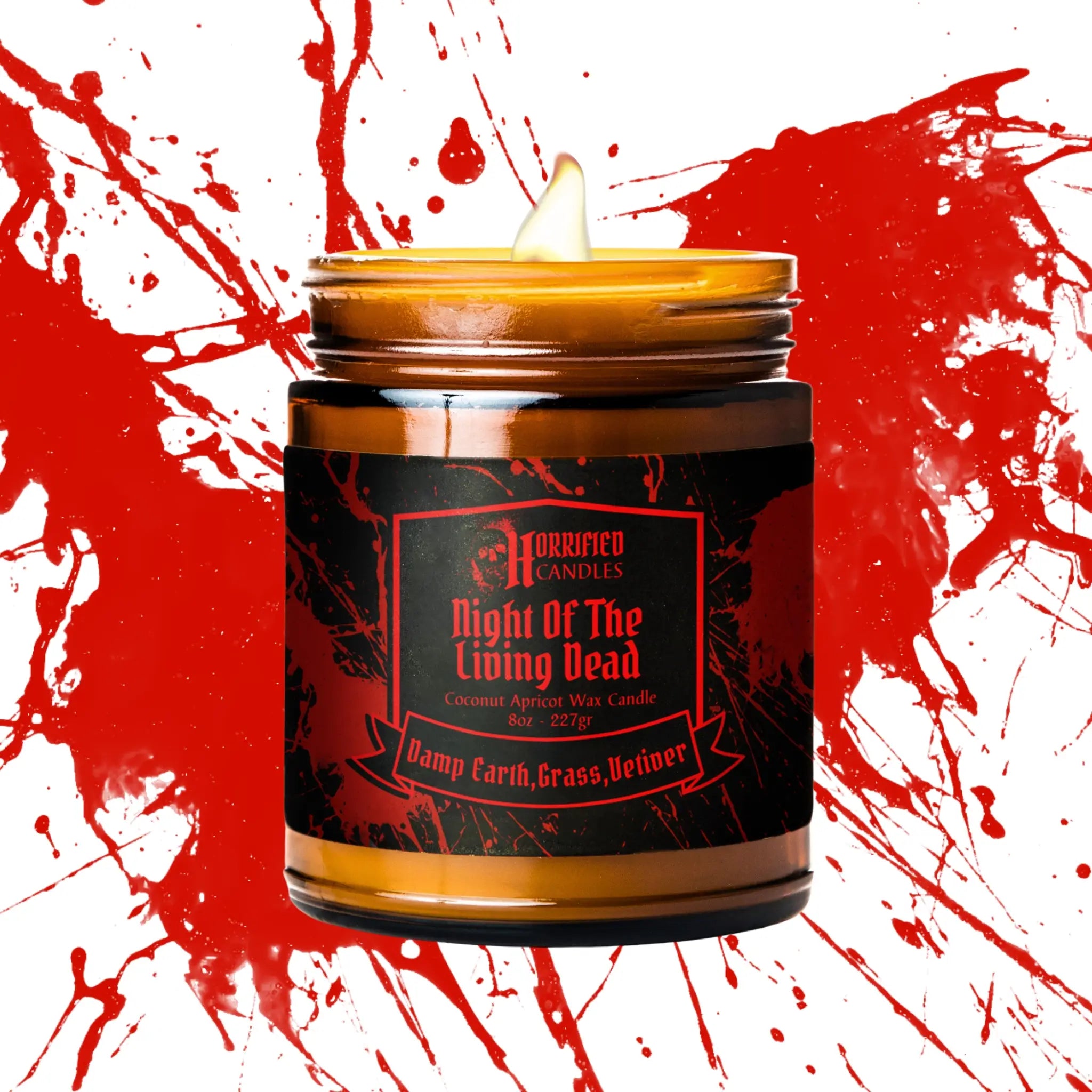 Candle in a jar with a dark label on a red and white splatter background