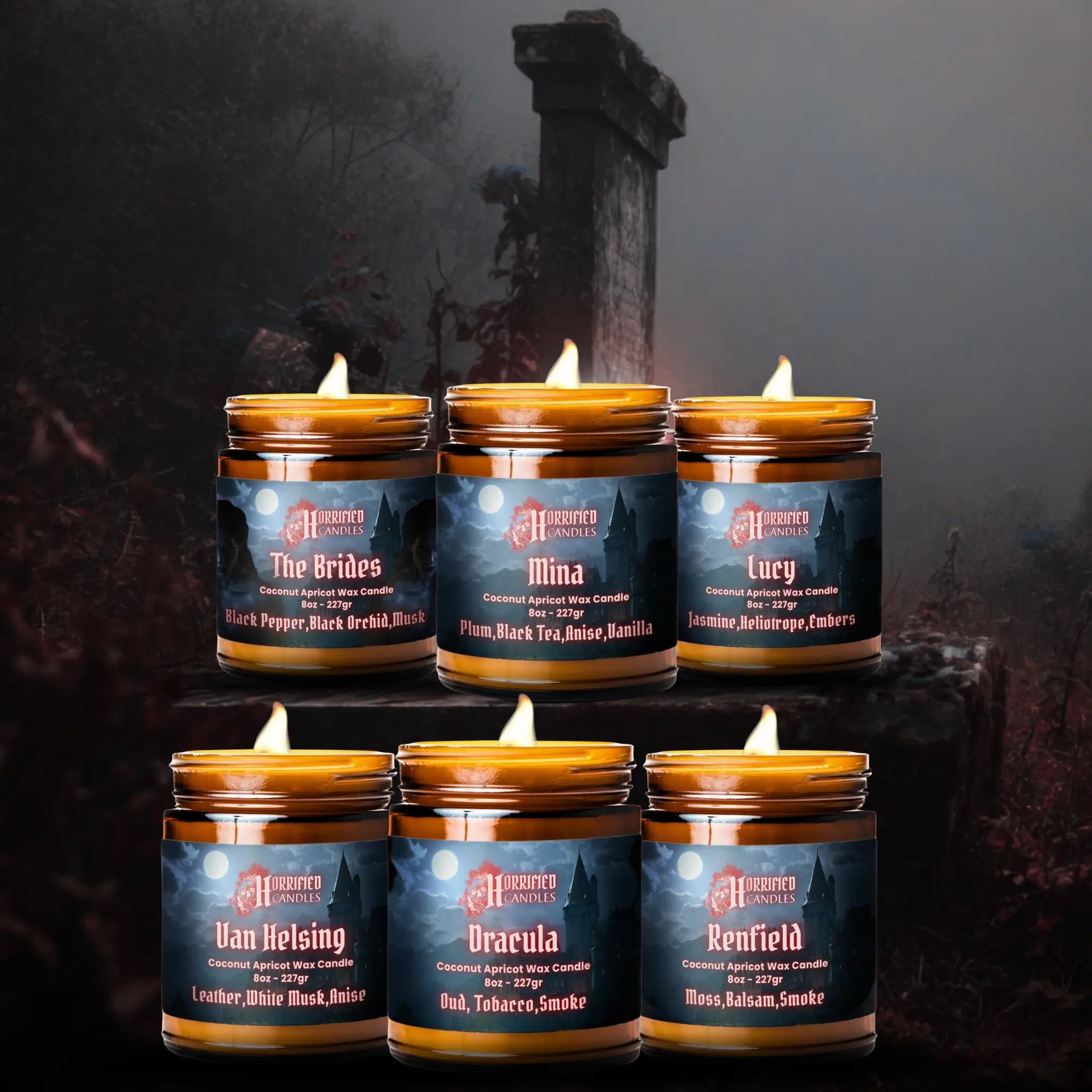 Set of candles in glass jars with labels on a dark background