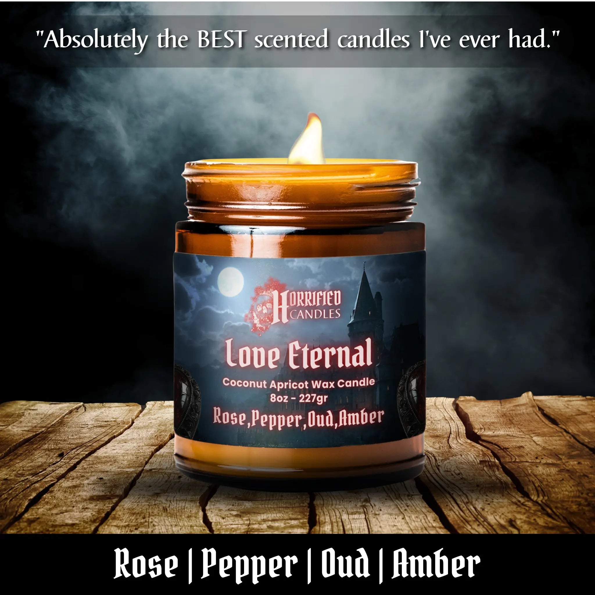 Candle with 'Horrified Candles' label on a wooden surface with dark background