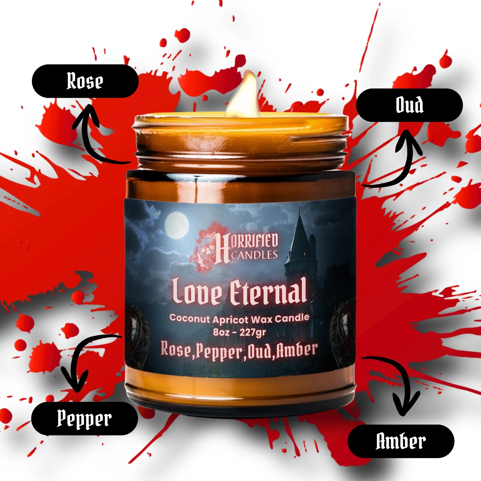 Candle jar labeled 'Love Eternal' with scents 'Rose', 'Oud', 'Pepper', and 'Amber' on a red and white background.