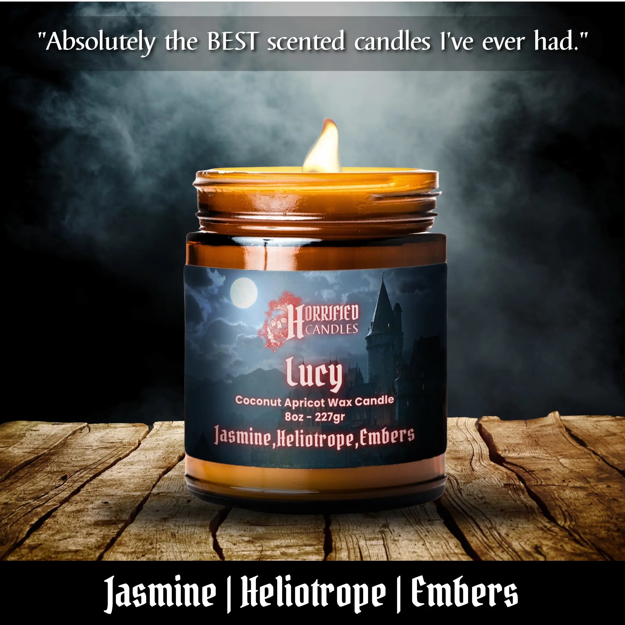 Candle with a label on a wooden surface, featuring the brand 'Horrified Candles' and product details.