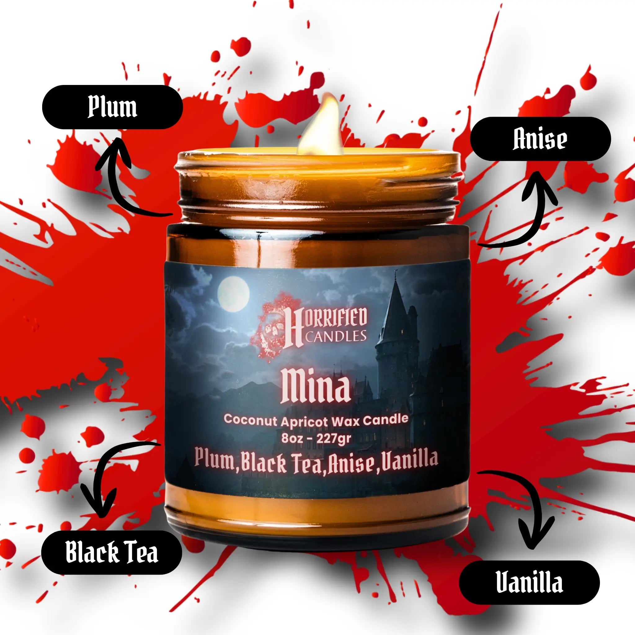 Candle jar with 'Horrified Candles' branding on a red and white abstract background