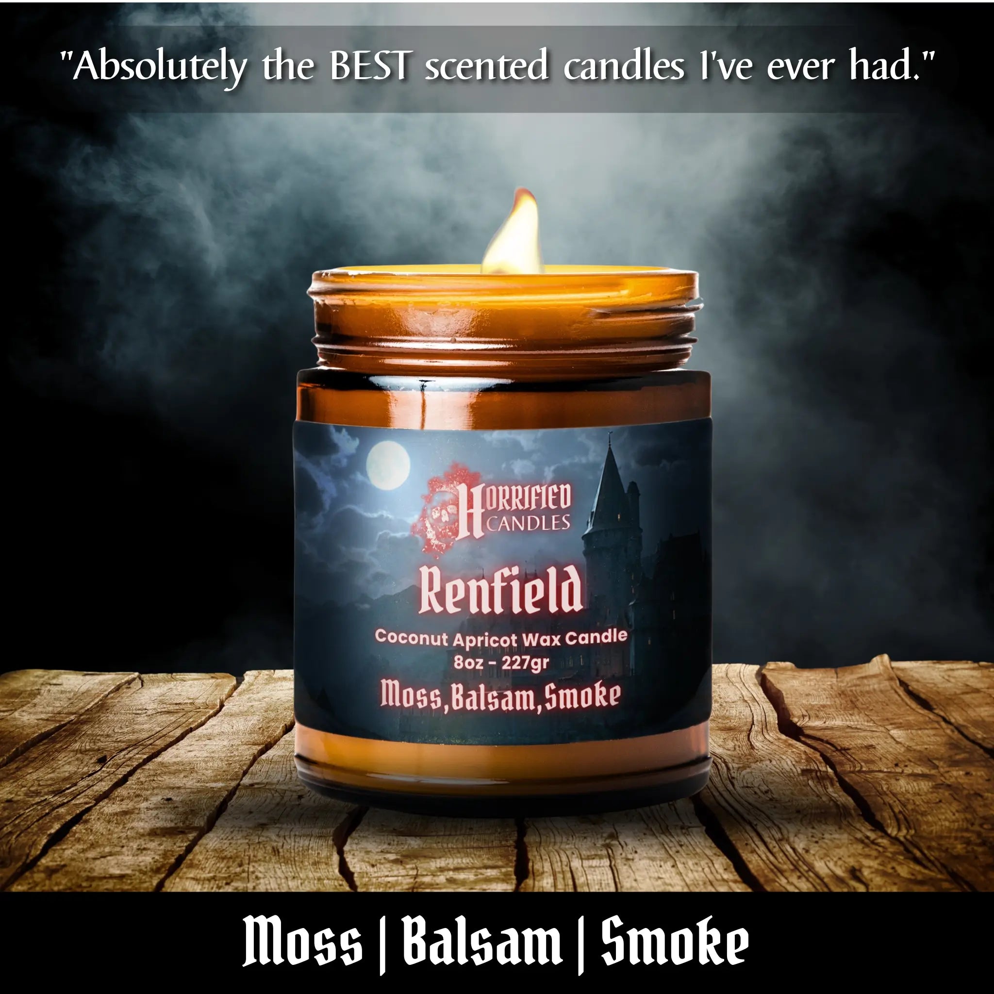 Candle with a label on a wooden surface, featuring the brand 'Horribled Candles' and product name 'Renfield'.