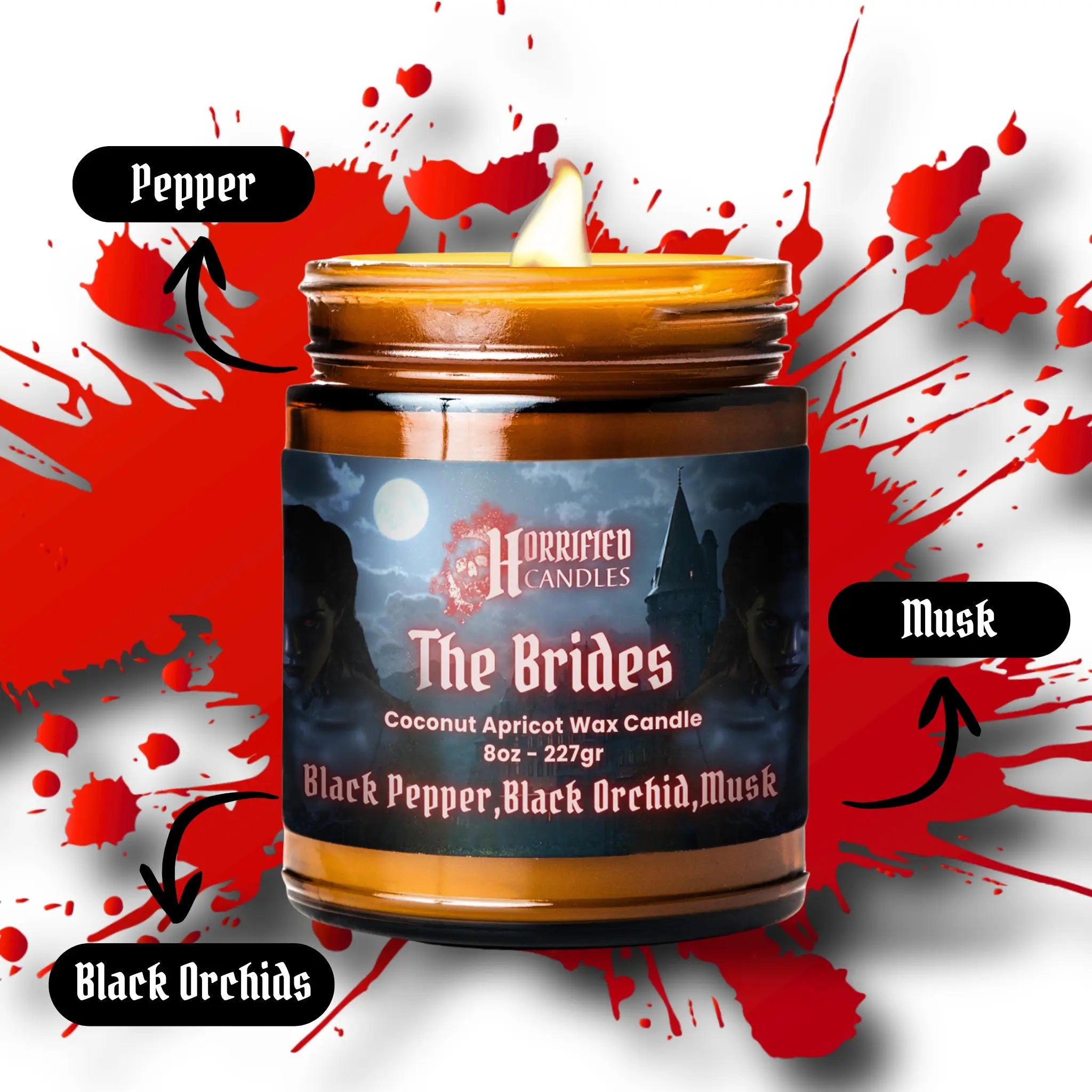 Candle jar with label on a red and white abstract background