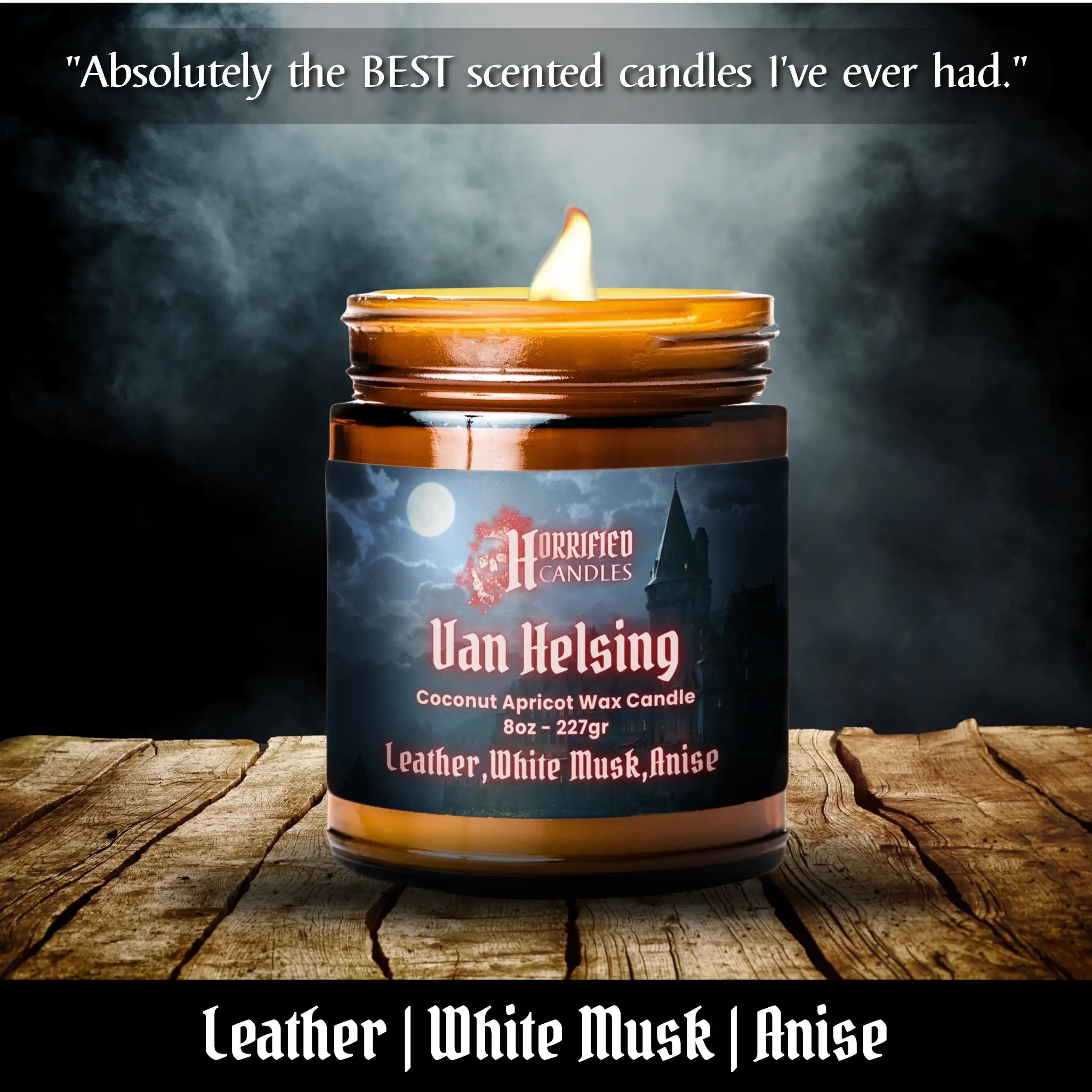 Candle with 'Van Helsing' label on a wooden surface with dark background