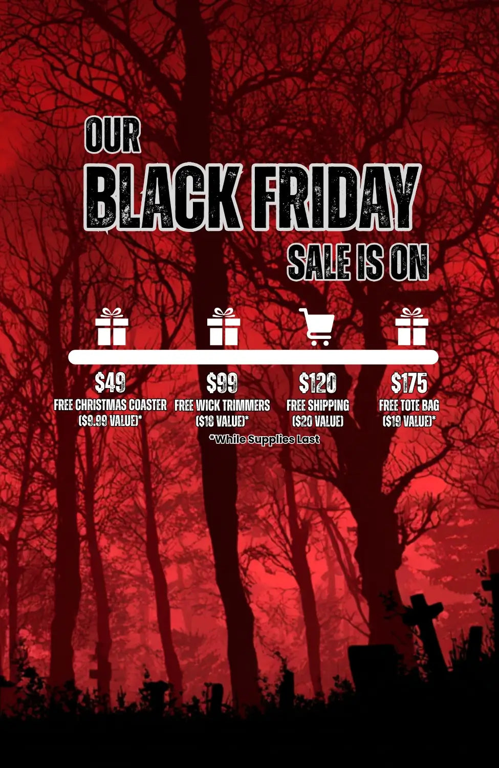 Black Friday sale advertisement with red trees and pricing information.