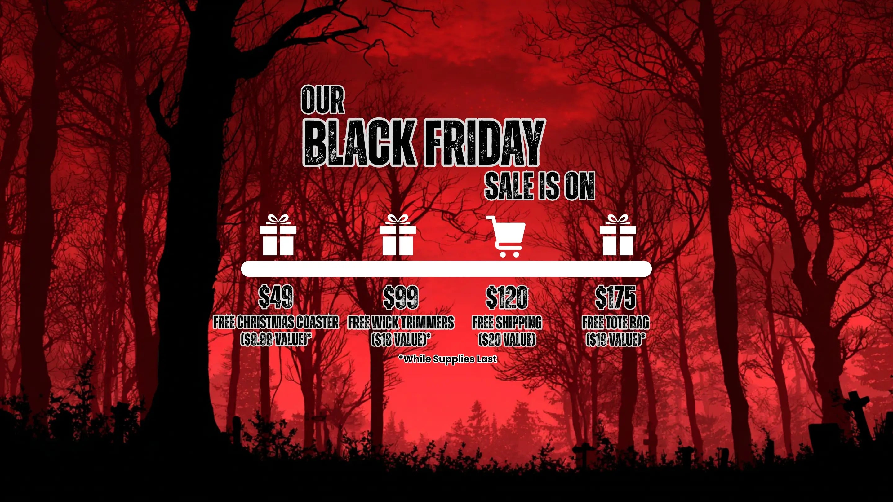 Red-themed Black Friday sale advertisement with silhouettes of trees and a shopping cart.