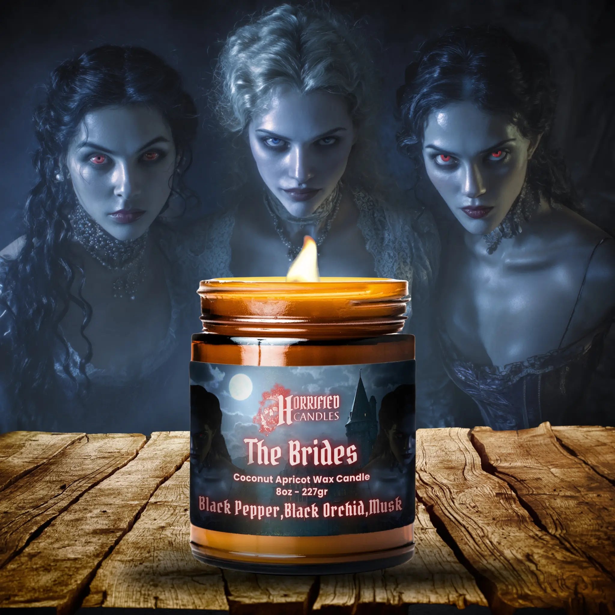 Candle labeled 'The Brides' with three ghostly women in the background on a wooden surface.
