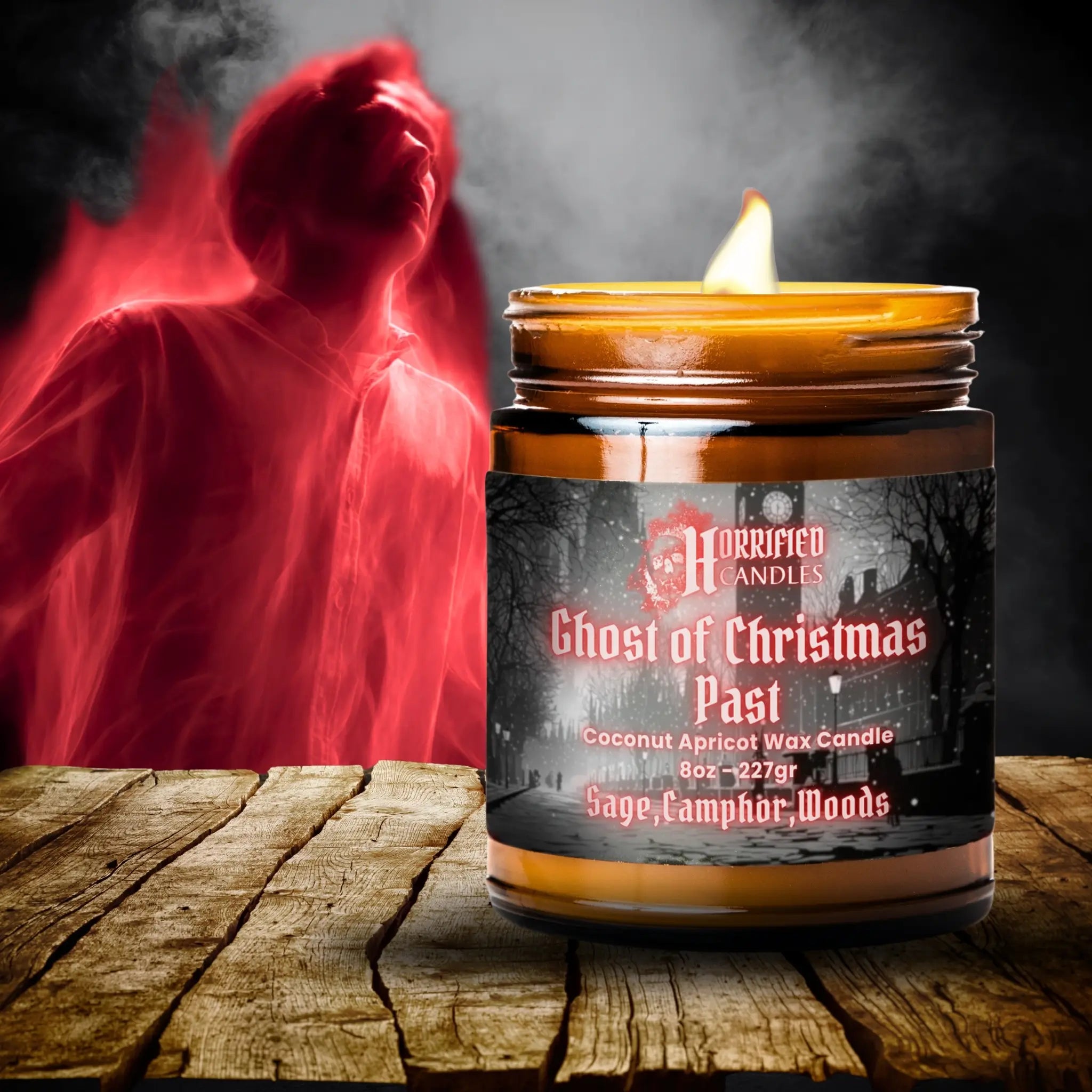 Candle labeled 'Ghost of Christmas Past' with a red hooded figure in the background