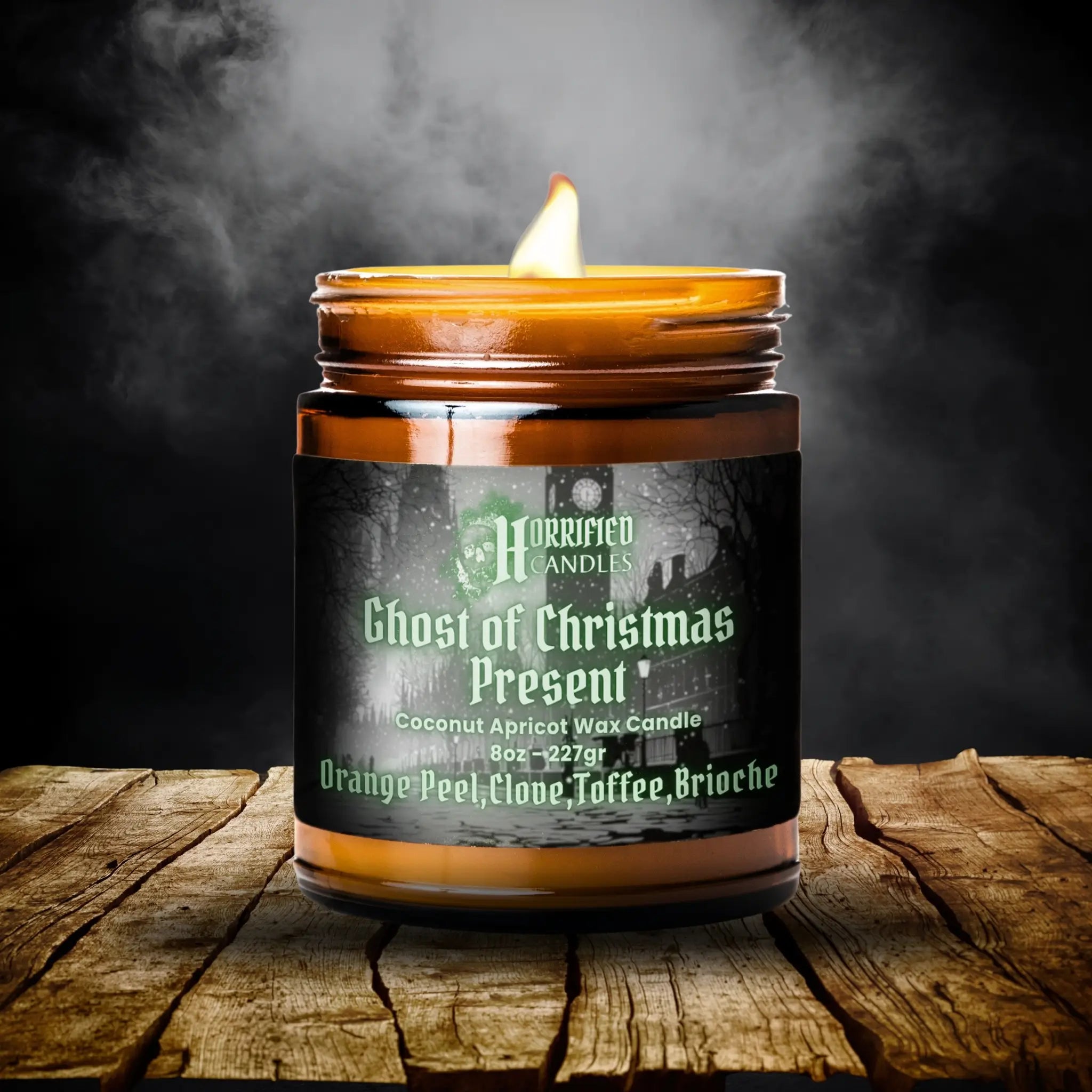 Candle in a glass jar with a label on a wooden surface