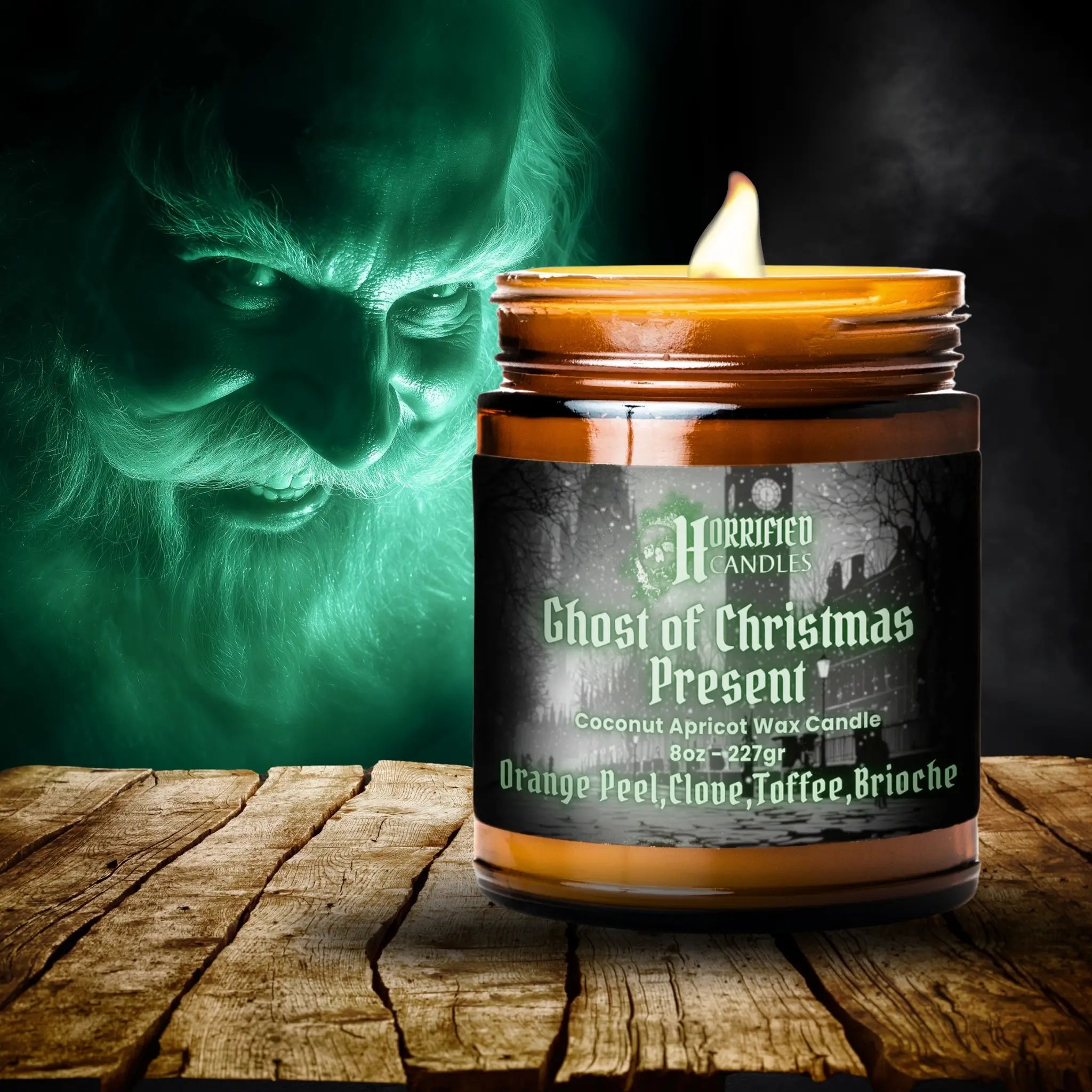 Candle labeled 'Ghost of Christmas Present' with a mystical green figure in the background