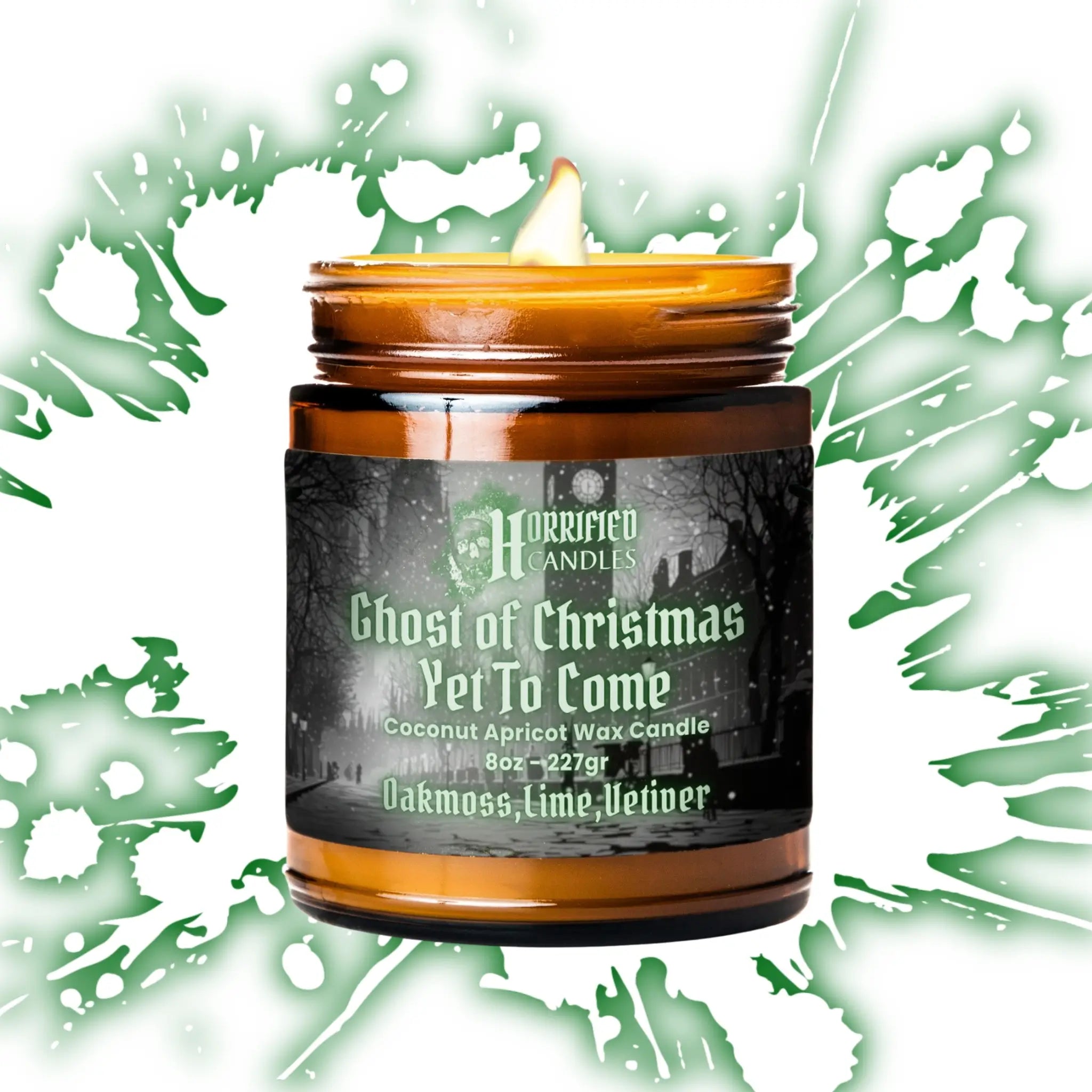 Candle in a jar with a label on a green and white abstract background