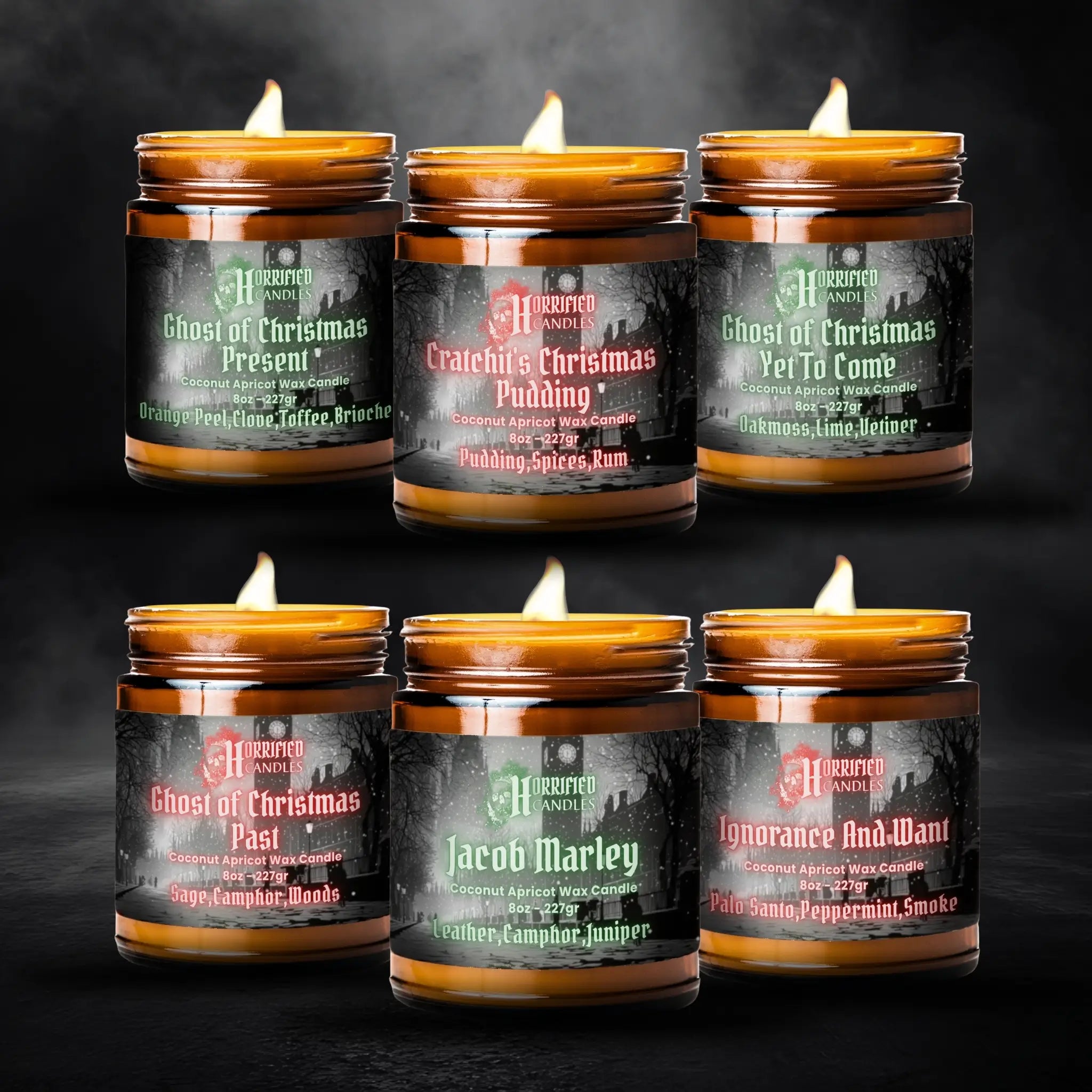 Set of six candles with labeled labels on a dark background