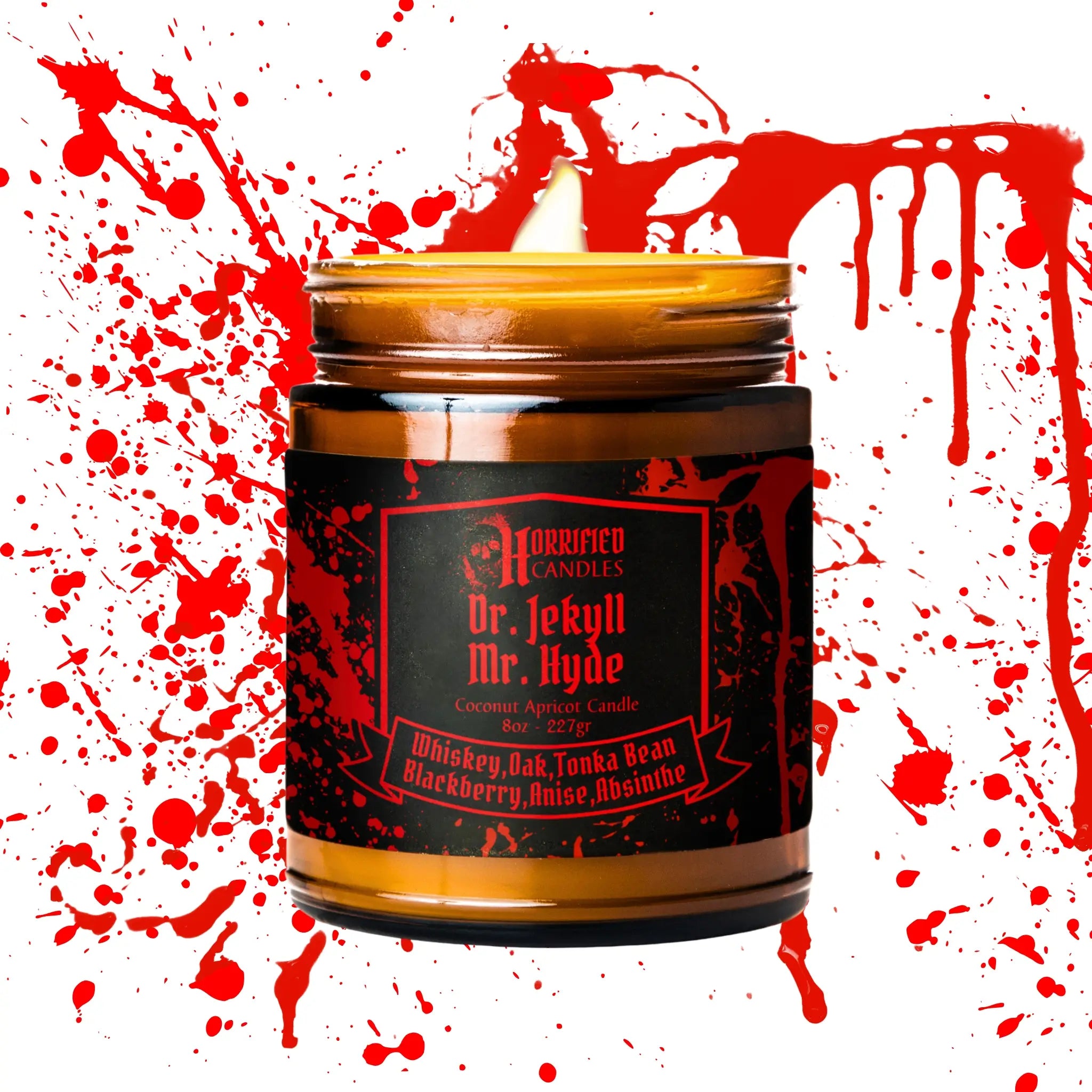 Candle in a jar with a 'Dr. Jekyll & Mr. Hyde' label on a red splatter background