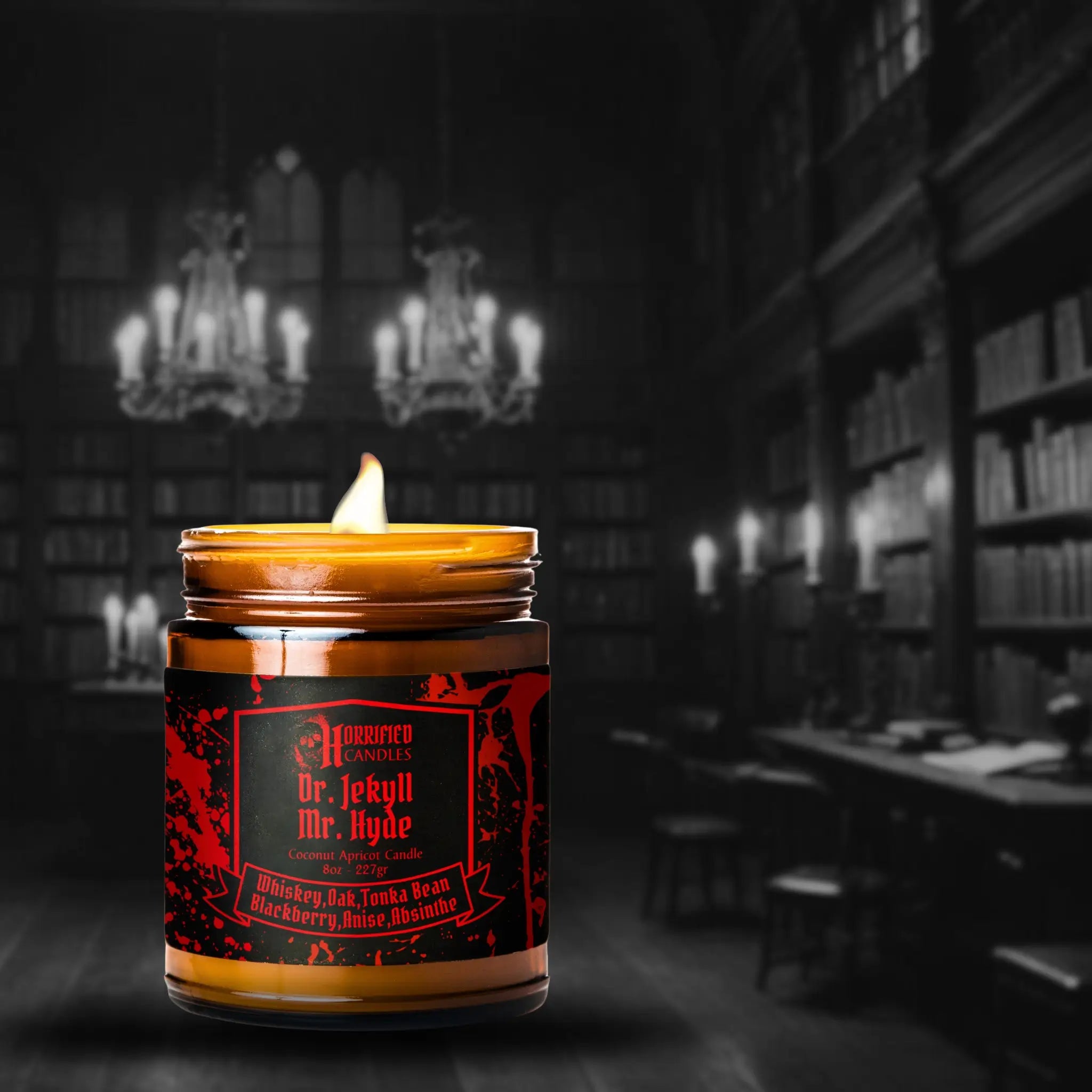 Candle in a jar with a dark label in a gothic-style room with chandeliers and bookshelves.