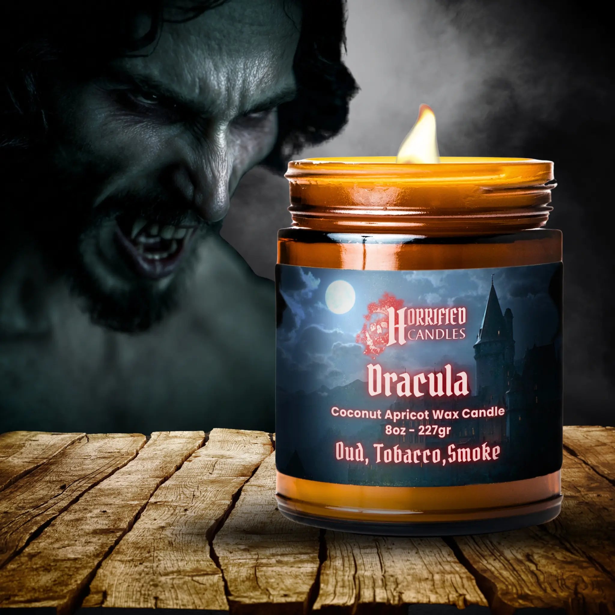 Candle labeled 'Dracula' with a dark background and a monstrous figure.