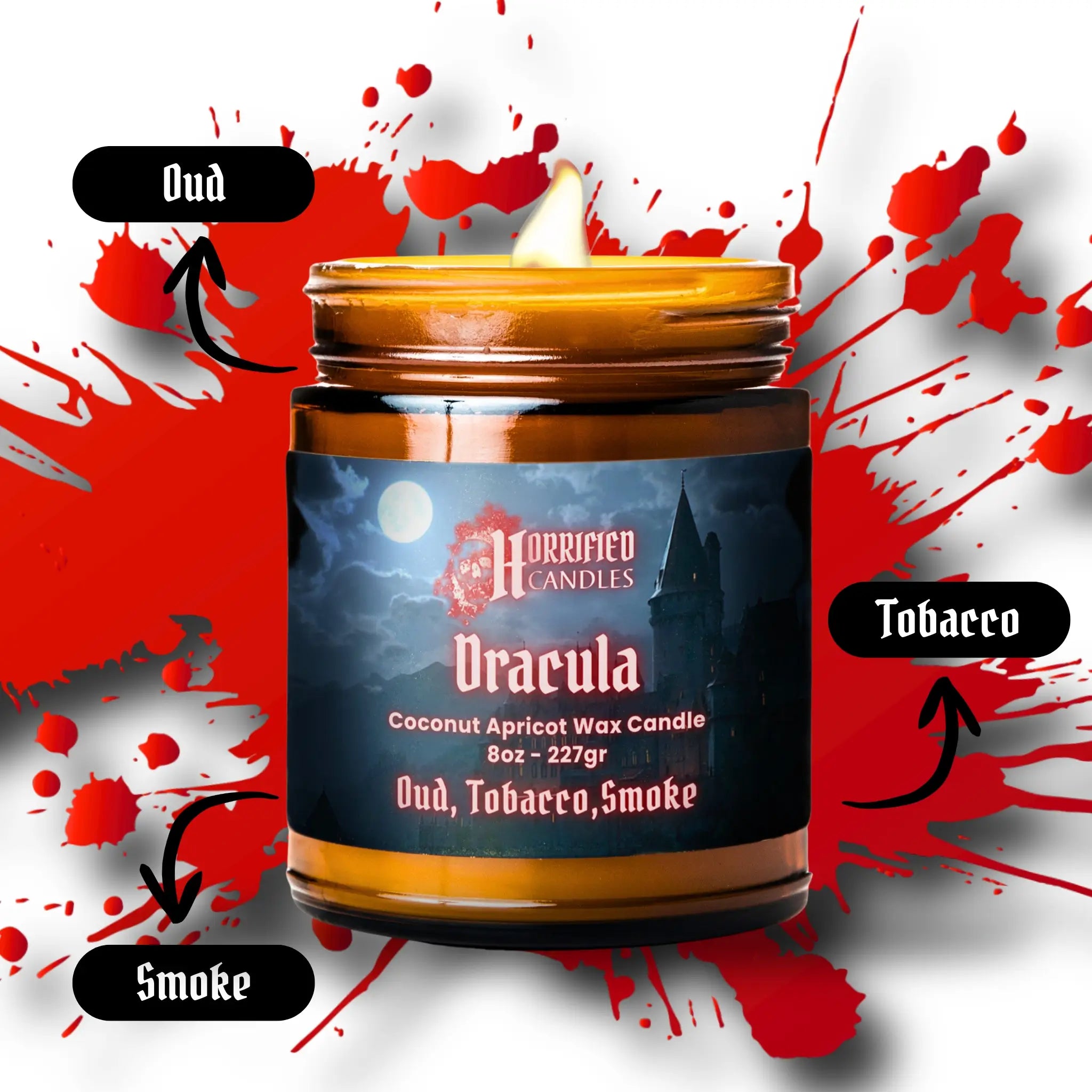 'Dracula' candle with 'Horrified Candles' branding on a red and white background.