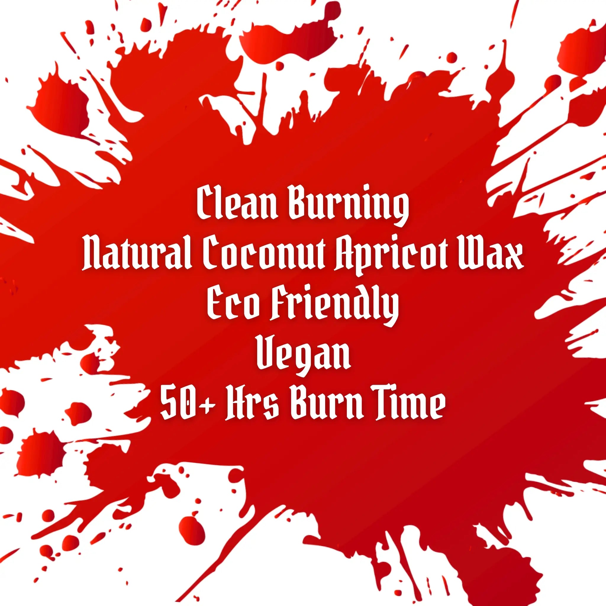 Red background with white text describing coconut apricot wax candles as eco-friendly and vegan.