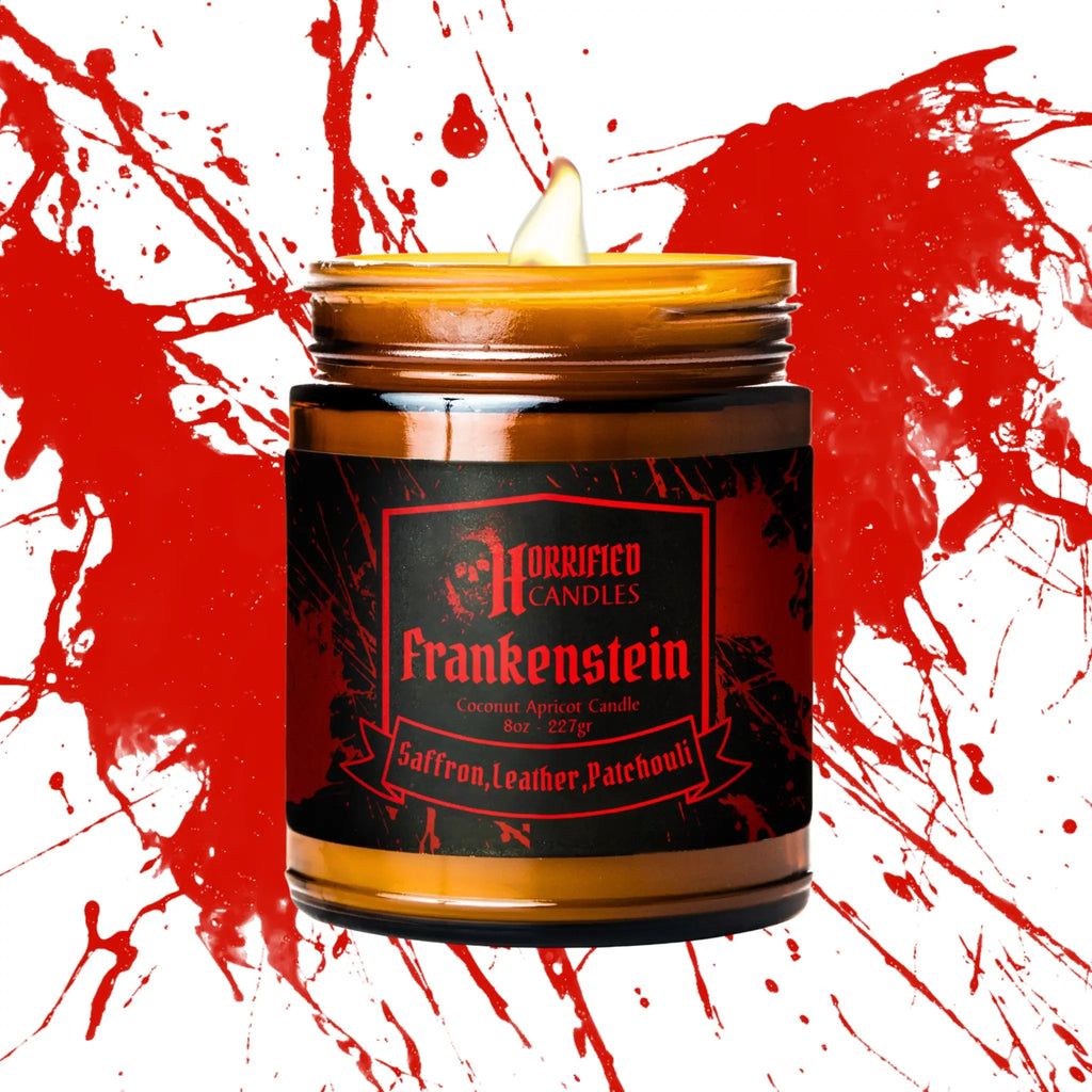 Candle in a jar labeled 'Frankenstein' with a red and white abstract background