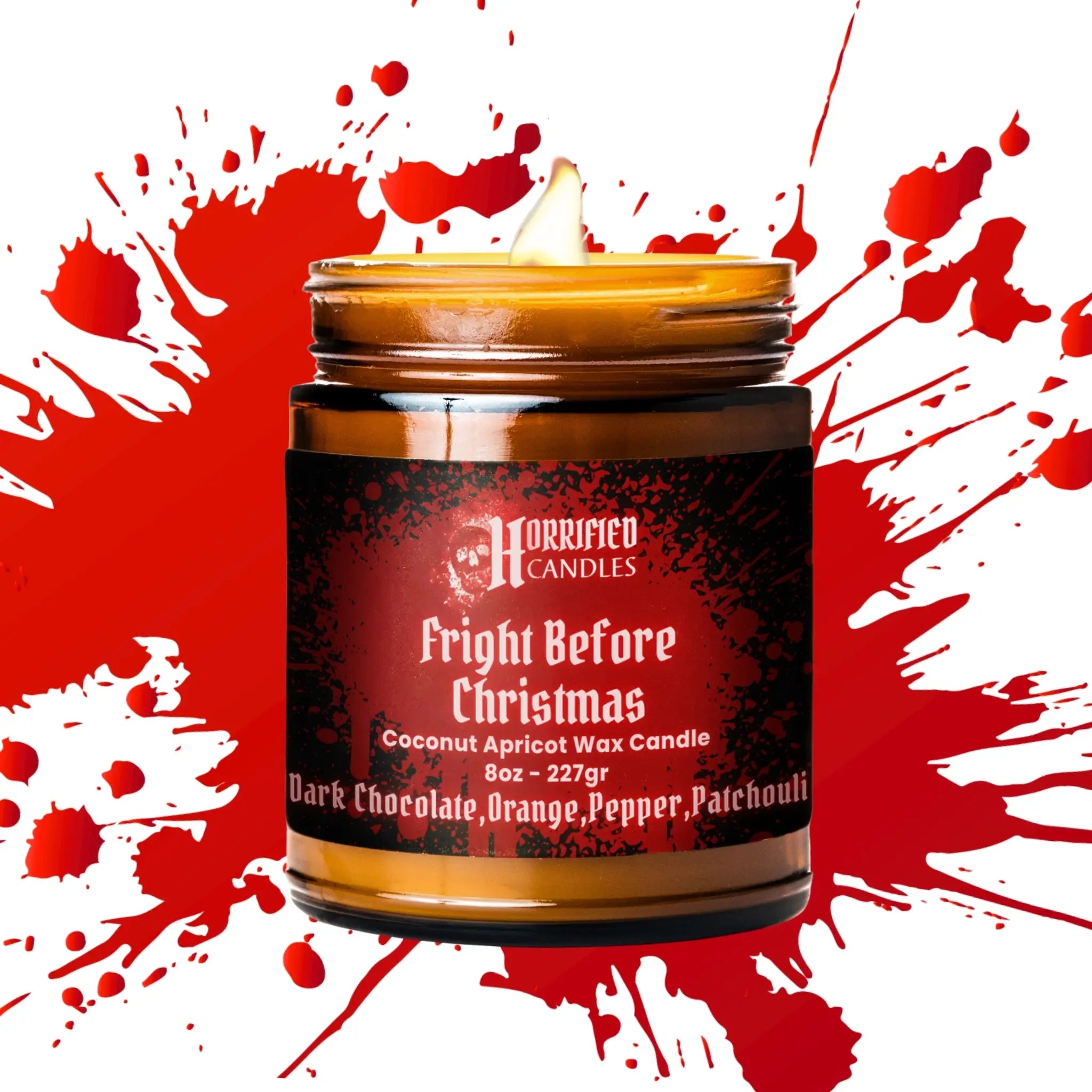 Candle in a jar with a red label on a red and white splatter background