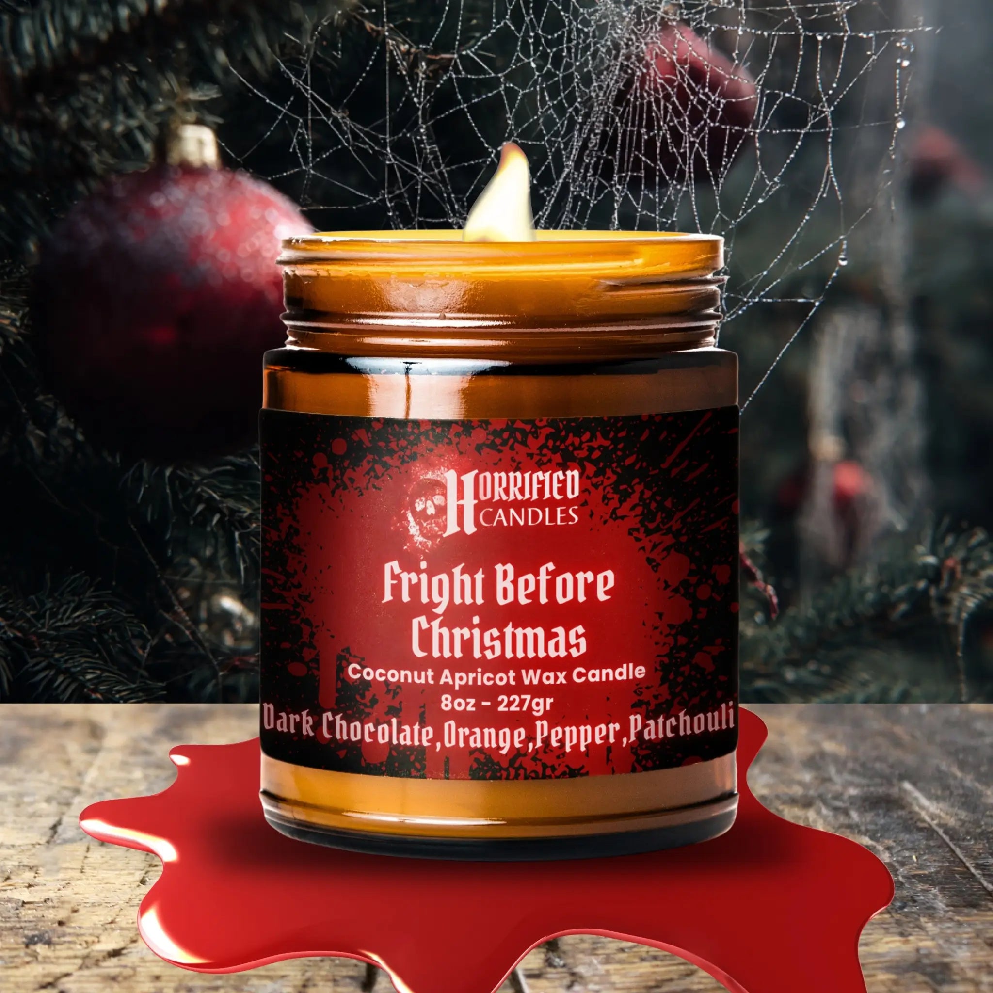 Candle labeled 'Fright Before Christmas' with a dark and eerie background