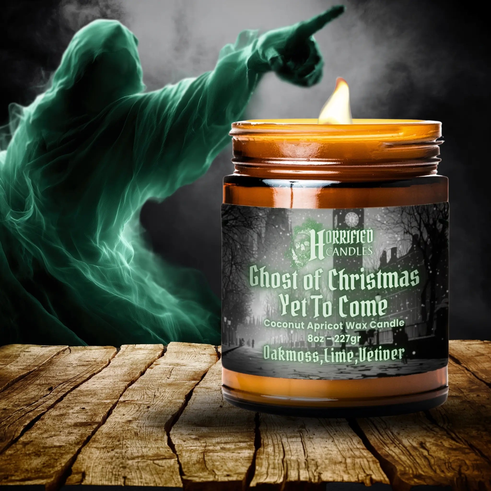 Candle labeled 'Ghost of Christmas Yet to Come' with a hooded figure in the background