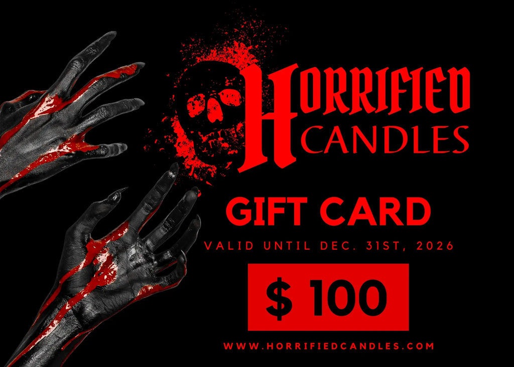 Horrified Candles gift card with bloody hands and skull design on a black background