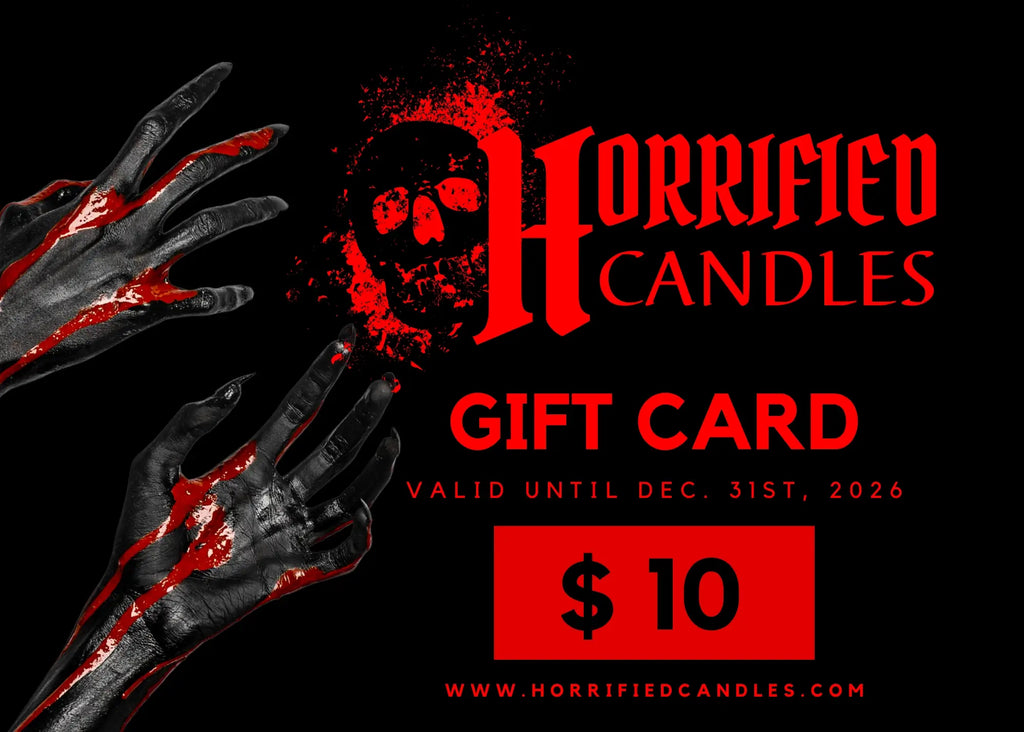 Horrified Candles gift card with bloody hands and red text on a black background
