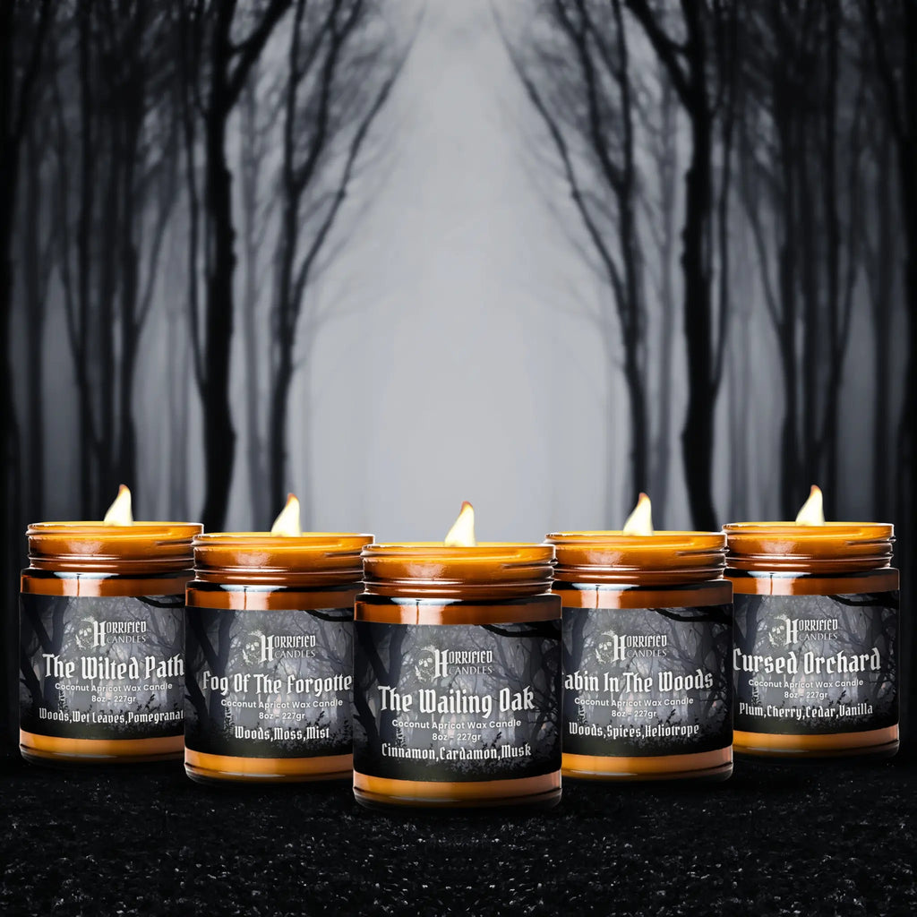 Set of candles with labels in a dark forest setting