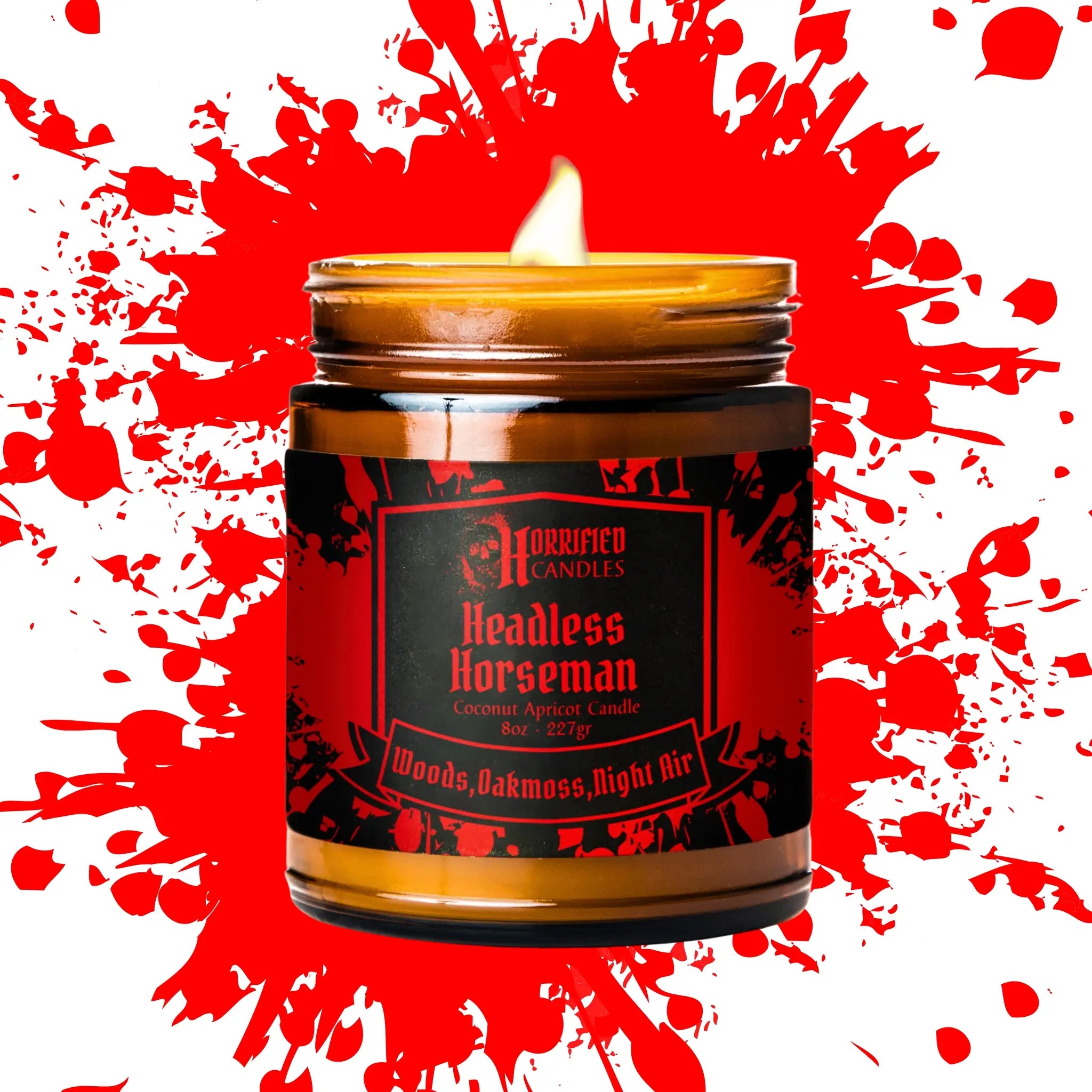Candle in a jar with a label on a red splatter background