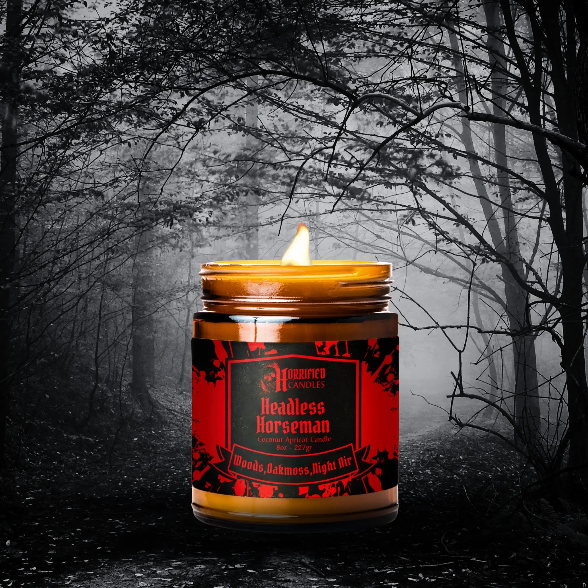 Candle with a red label in a dark forest setting